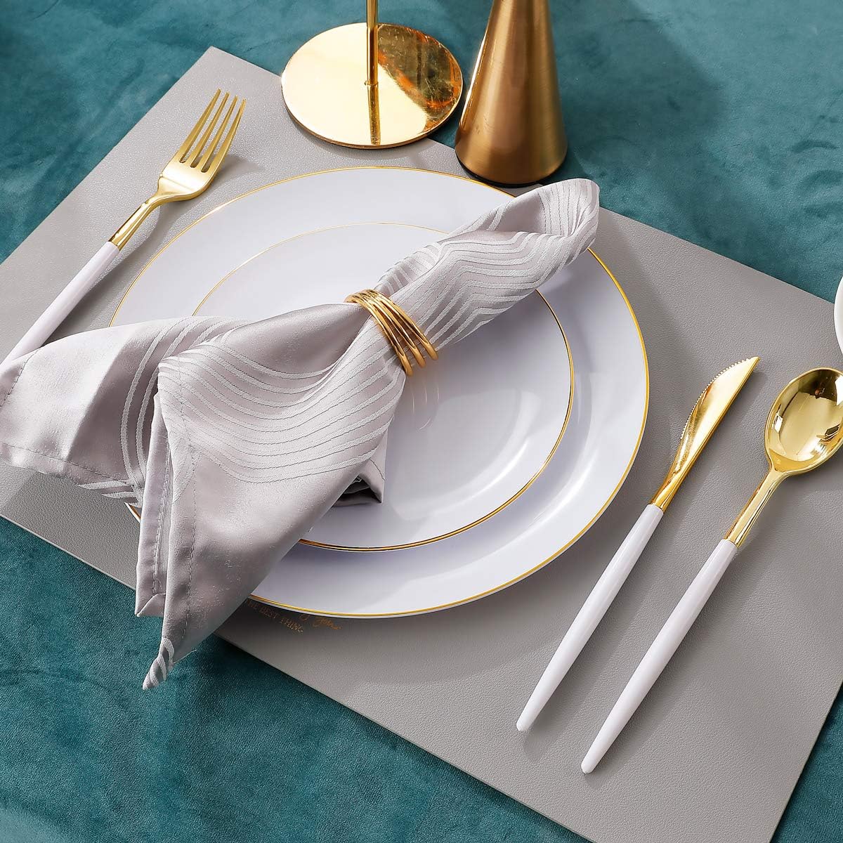 Supernal 150pcs White and Gold Plastic Plates,Gold Plastic Silverware,White Dinnerware Set Includes 60 Plates,30 Forks,30 Knives,30 Spoons For Weddings Celebrations