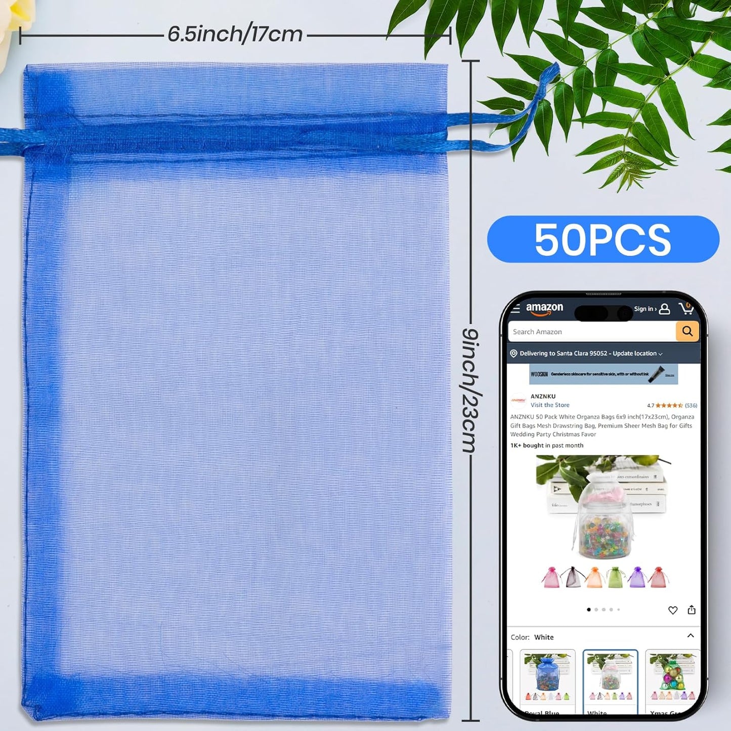 ANZNKU 50 Pack Organza Bags 6x9 Inch, Mesh Bag Drawstring Jewelry Pouches, Large Organza Gift Bags for Baby Shower, Party Favors(Royal Blue)