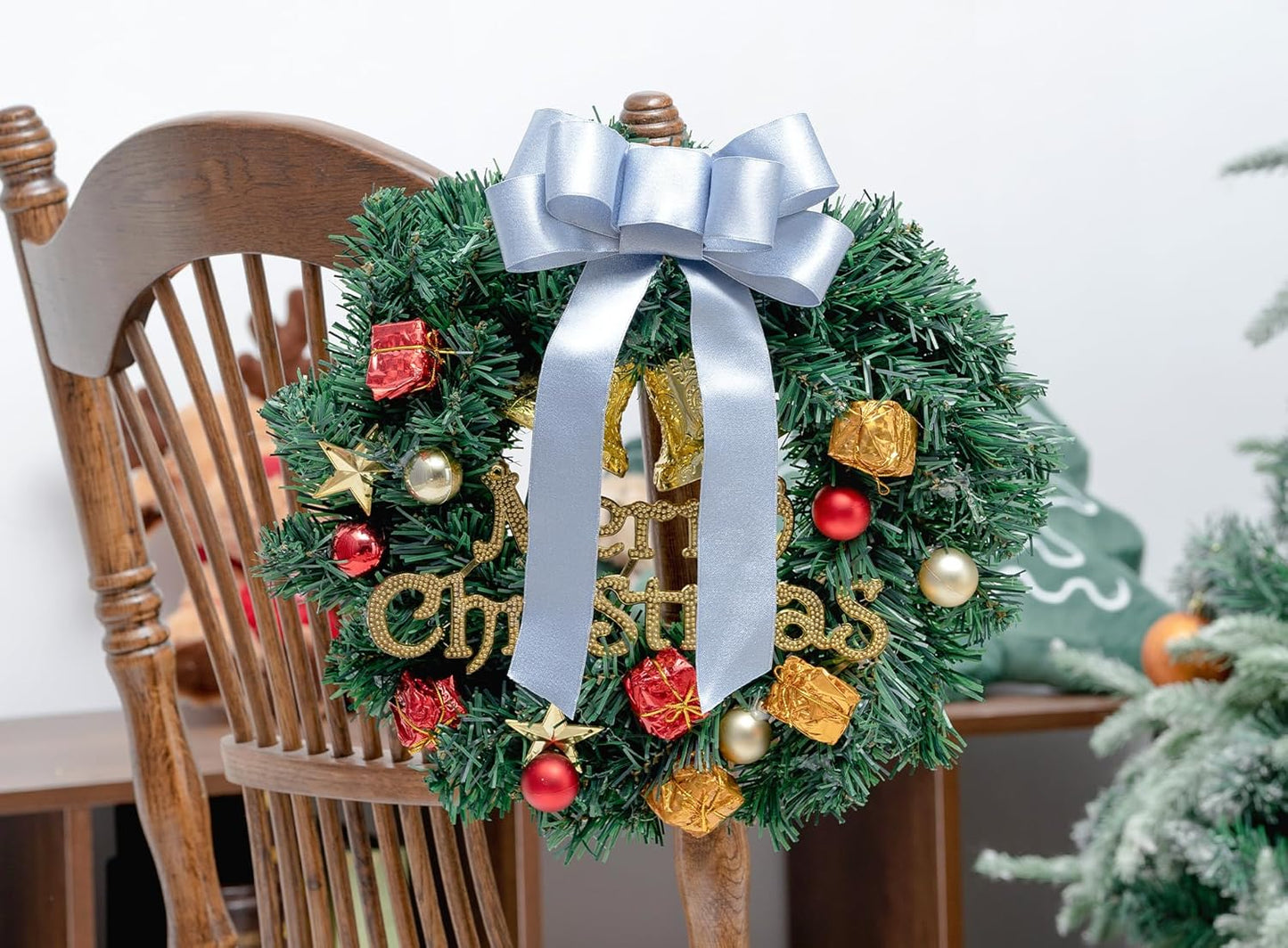 Light Blue Satin Wired Ribbon 1-1/2 Inch Double-Faced Sliver Glitter Christmas Ribbons for Wreath, Tree Decoration, Gift Wrapping, Home Decor 10 Yards