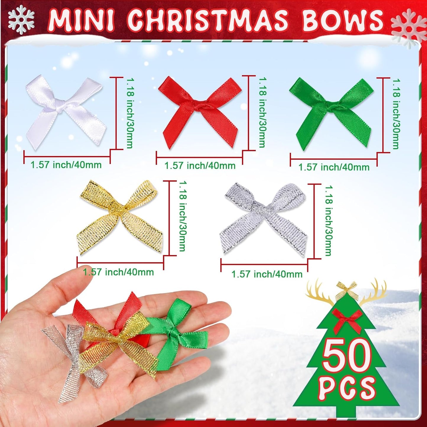 YGDZ Mini Bow Gift Wrapping Ribbons - 50 Pack, 5 Colors (Red, Green, Silver, Gold, White), Small Bow Ornaments for Crafts, Tree Decor & Gifts