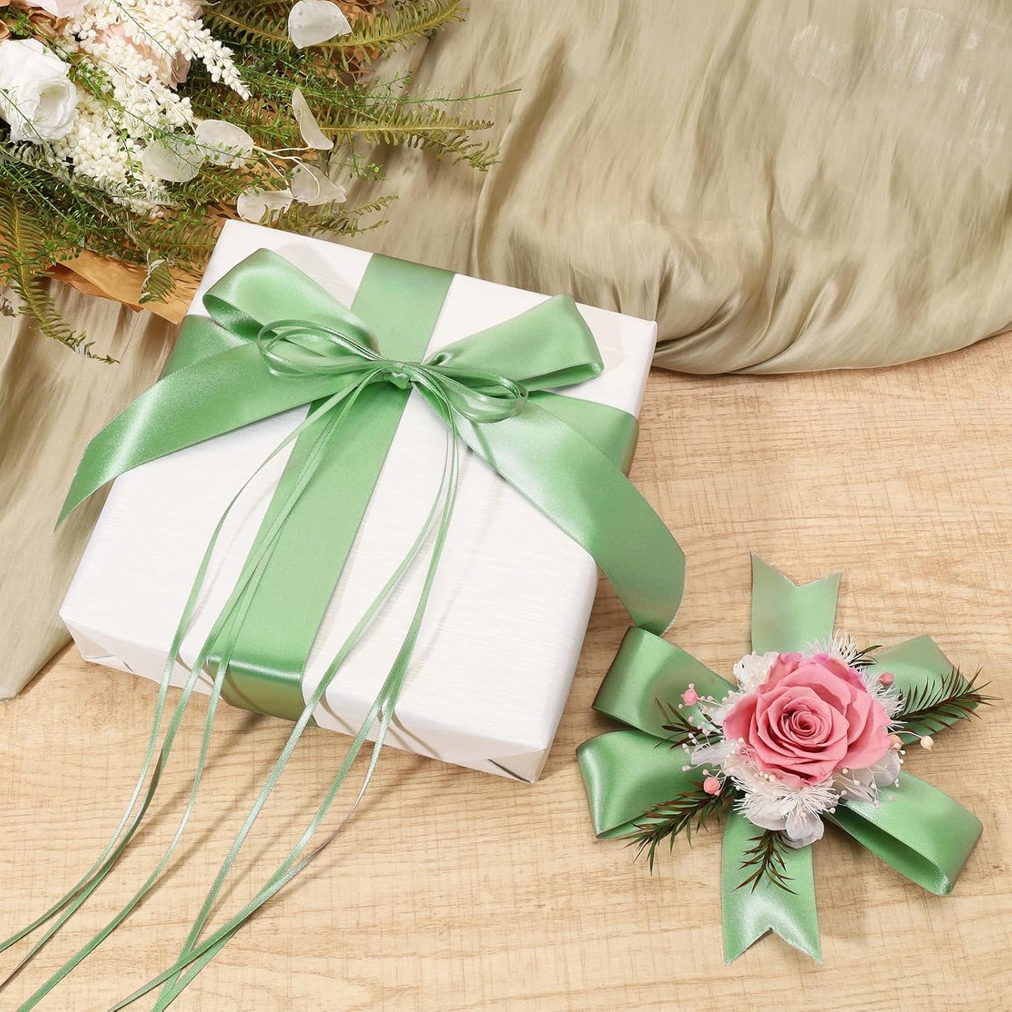 LaRibbons Sage Green Ribbon 1 1/2 Inch 25 Yards Luxury Double Faced Green Silk Ribbon for Flower Bouquet Crafts Gift Wrapping Wedding Party Decoration