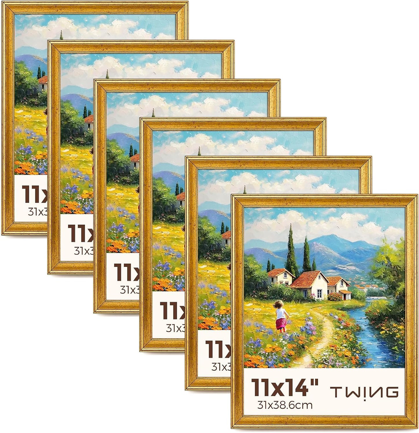 TWING 11x14 Gold Picture Frames Set of 6,Rustic Gold Frames Display Pictures 8x10 with Mat or 11x14 without Mat,Gallery Photo Frames for Wall Mounting,Ideal for Gift