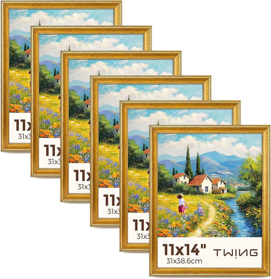 TWING 11x14 Gold Picture Frames Set of 6,Rustic Gold Frames Display Pictures 8x10 with Mat or 11x14 without Mat,Gallery Photo Frames for Wall Mounting,Ideal for Gift