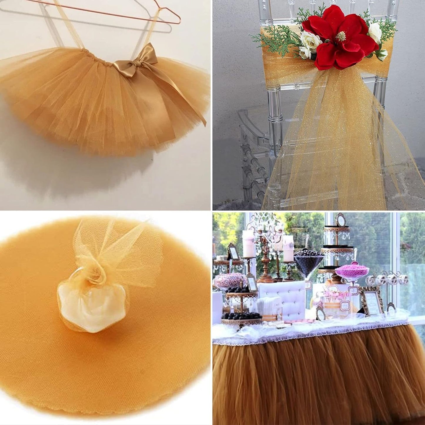 Gold Tulle Fabric Rolls 6 Inch by 100 Yards (300 feet) Fabric Spool Tulle Ribbon for DIY Gold Tutu Bow Baby Shower Birthday Party Wedding Decorations Christmas Craft Supplies
