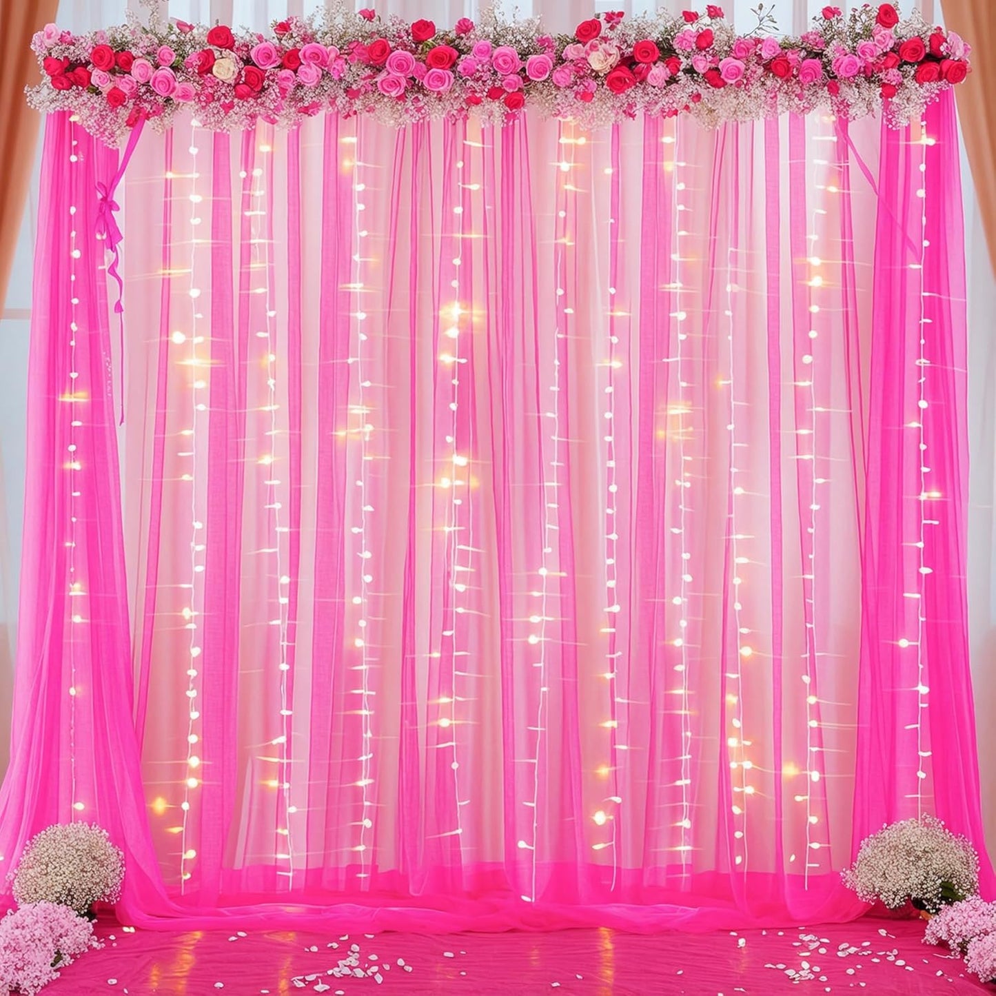10x10 Hot Pink Tulle Backdrop Curtains for Parties, Sheer Backdrop Curtain Wedding Photo Background Drapes for Baby Shower Photography Birthday Party