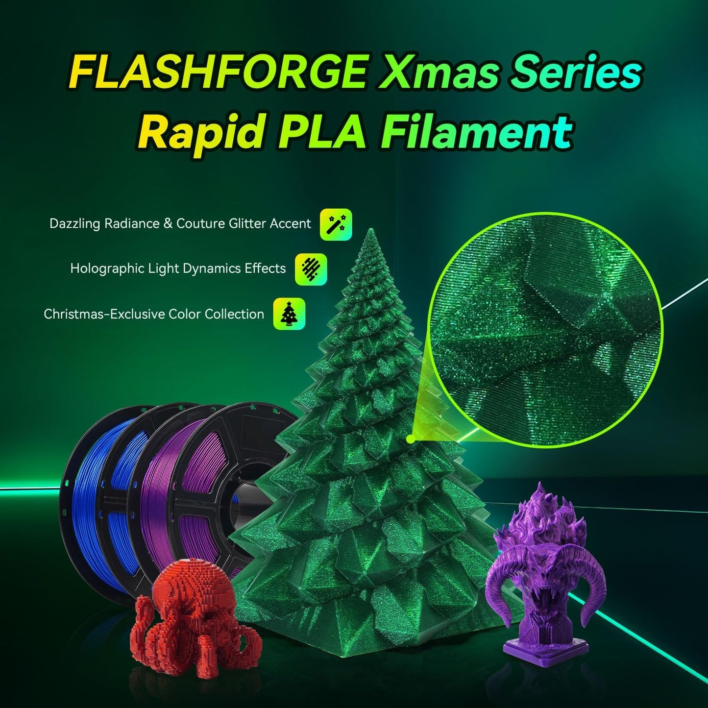 FLASHFORGE Xmas Series Rapid PLA Filament Aurora Red, High Flow Speedy 3D Printer Filament Max 500mm/s High-Speed Printing, Radiated Unparalleled Brilliance, Twinkling and Ultra-Smooth Finish