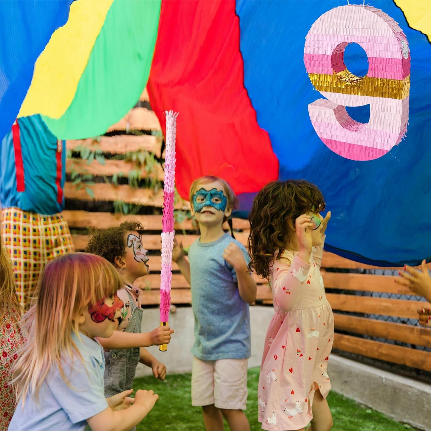 PCFING 20 Inch Number 9 Piñata Pink Gold with 30 Inch Piñata Stick Blindfold Confetti for Boys Girls Adults Birthday Party Decorations, Anniversary Celebration, Fiesta