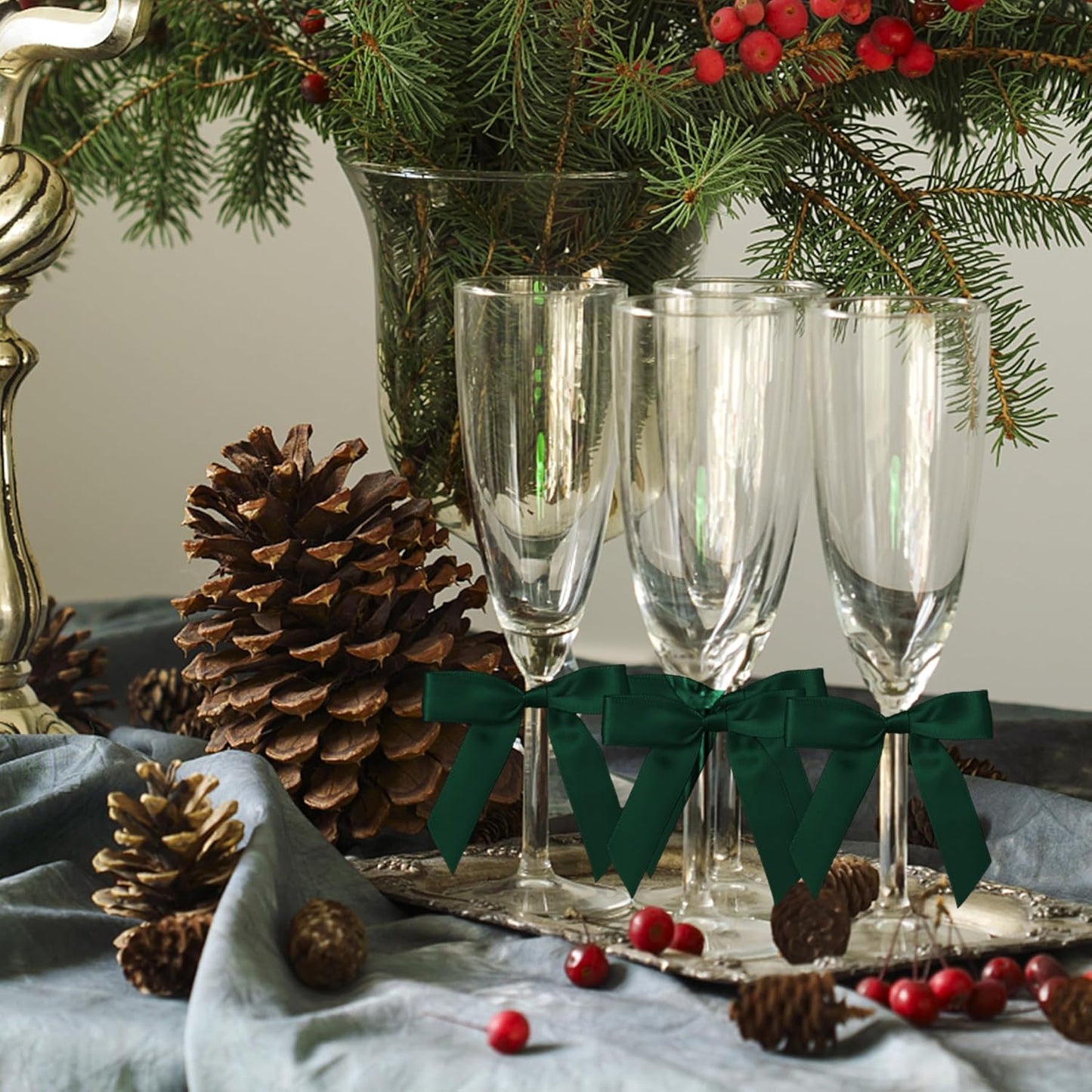 50Pcs Hunter Green Twist Tie Bows for Gift Wrapping 2.5" Satin Ribbon Bow for Treat Bags Cake Balloons Birthday Party Favors Wedding Decorations