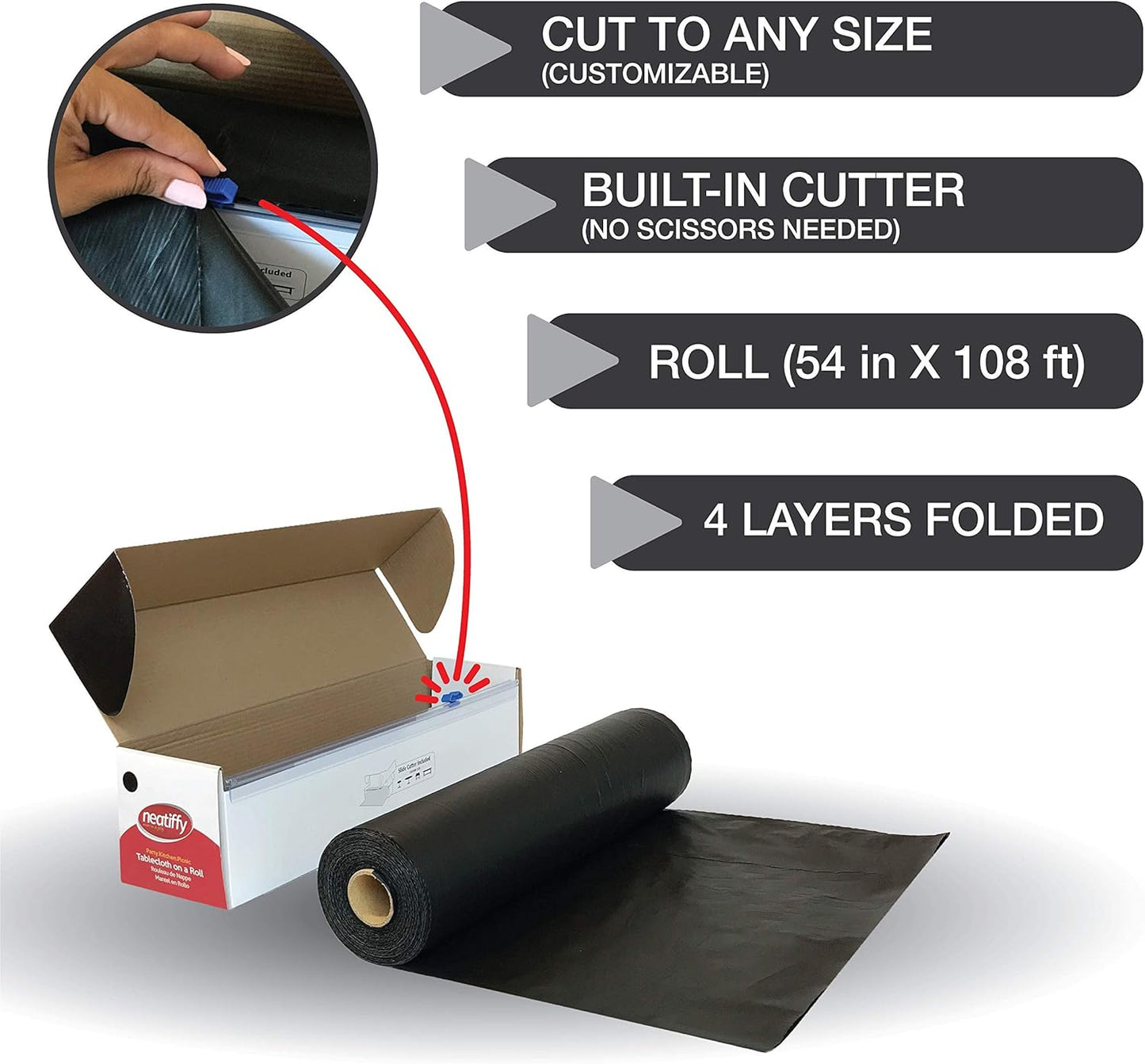 Neatiffy Disposable Plastic Table Cloth Roll | 54 in x 108 Ft Waterproof Tablecloth | Table Cover for Rectangle, Square, Round Oval Tables | Picnic, Party, Banquet, Birthdays, Weddings - Black