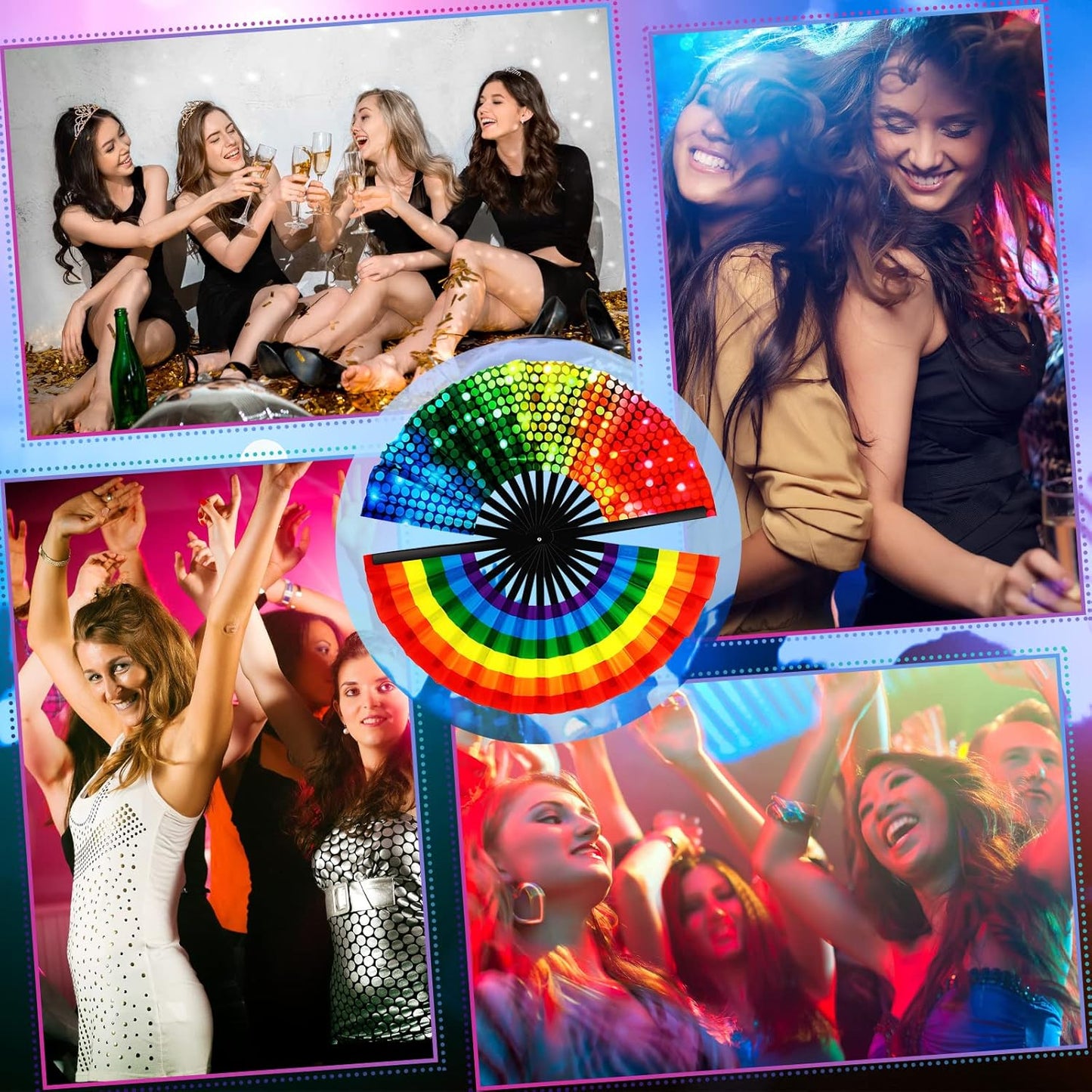 Qunclay 12 Pieces UV Glow Large Rave Folding Hand Fan Festival Fan for Men Women Chinese Japanese Clack Handheld Fan with Rainbow Butterfly for Drag Queen Dance Performance Music Party Gifts, 24 Inch