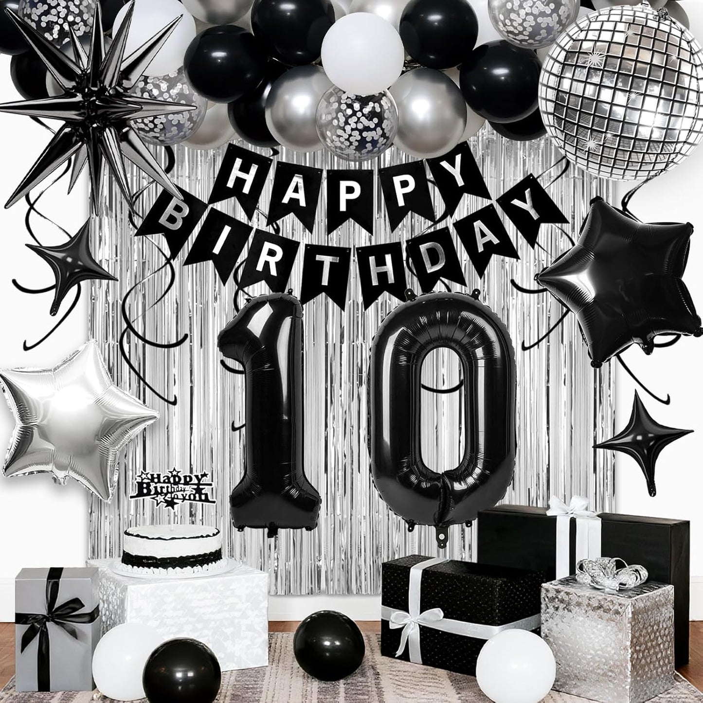 10th Birthday Decorations for Boys Girls, Black Silver Happy Birthday Party Decorations， 10 Year Old Party Supplies with Number 10 Balloons, Banner, Fringe Curtains Kit