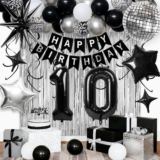 10th Birthday Decorations for Boys Girls, Black Silver Happy Birthday Party Decorations， 10 Year Old Party Supplies with Number 10 Balloons, Banner, Fringe Curtains Kit