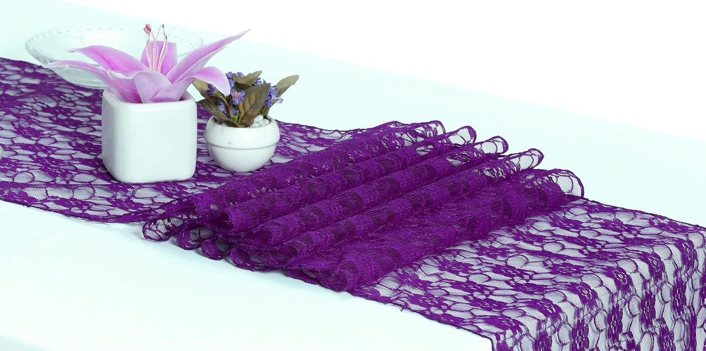 MDS Pack of 20 Wedding 12 x 108 inches Lace Table Runner for Wedding, Decorations for Birthday Parties, Banquets, Graduations, Engagements, and Runners fit Rectangle, Round Table- Cadbury Purple
