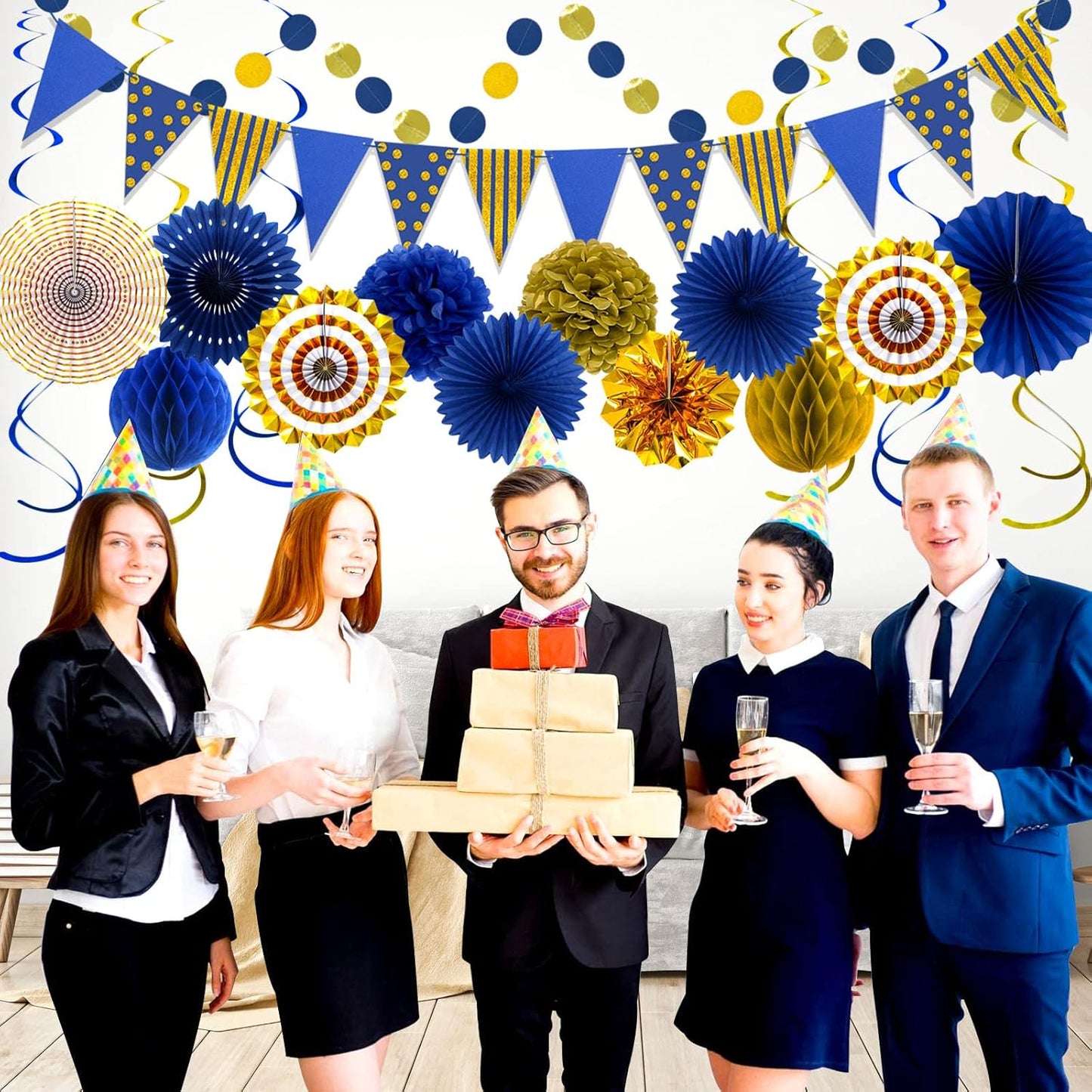 Blue Gold Party Decorations Paper Fans, Graduation Season Hanging Glitter Triangle Flags Banner Hanging Paper Fan Happy Birthday Banners and Triangular Flag, Bridal Shower,Blue Themed Birthday