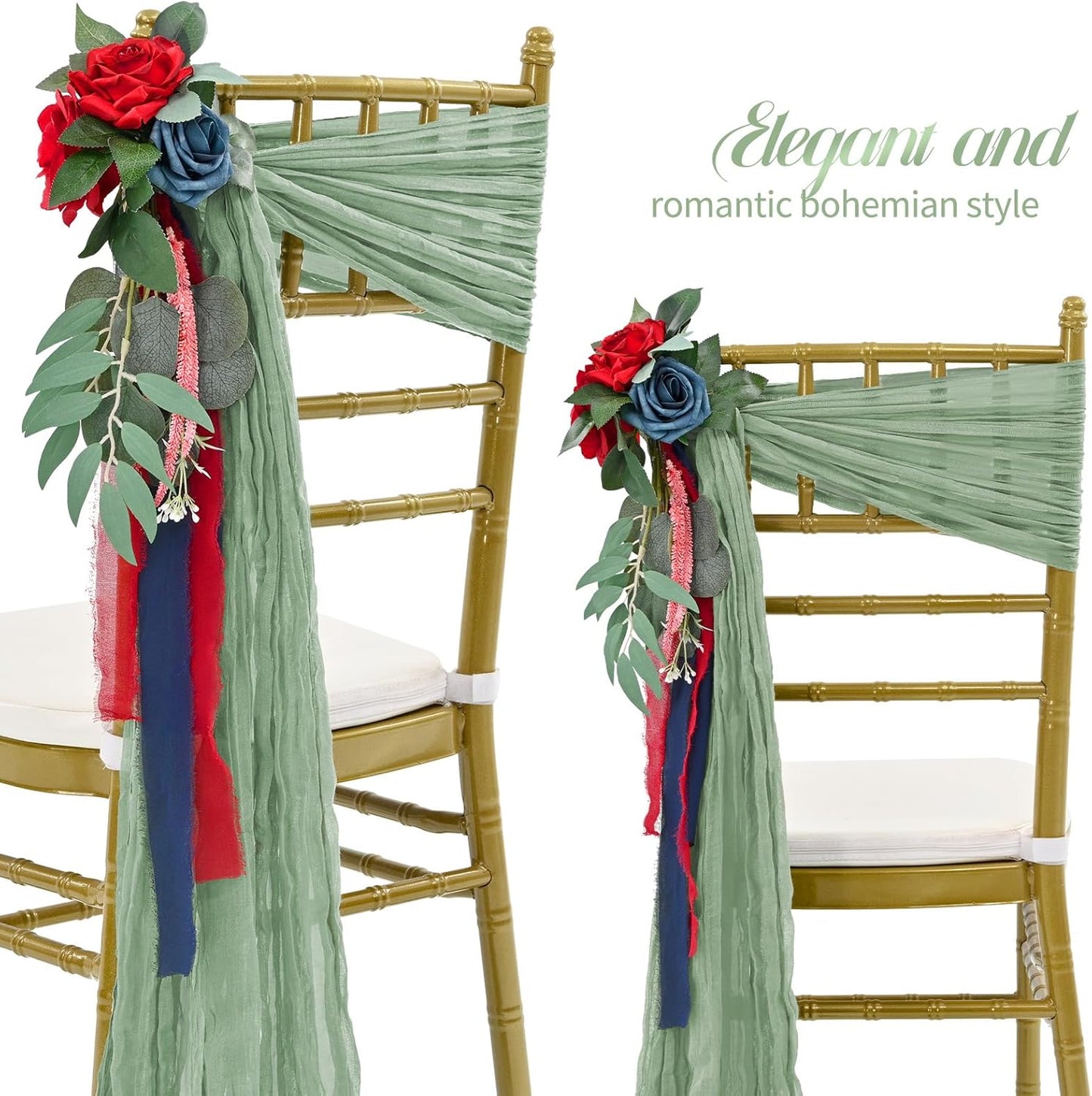 50 PCS Cheesecloth Chair Sashes Bows Wedding Aisle Decorations Chair Ribbon Ties Back Sash for Wedding Party Events Banquet Chair Cover Decoration (Sage Green)