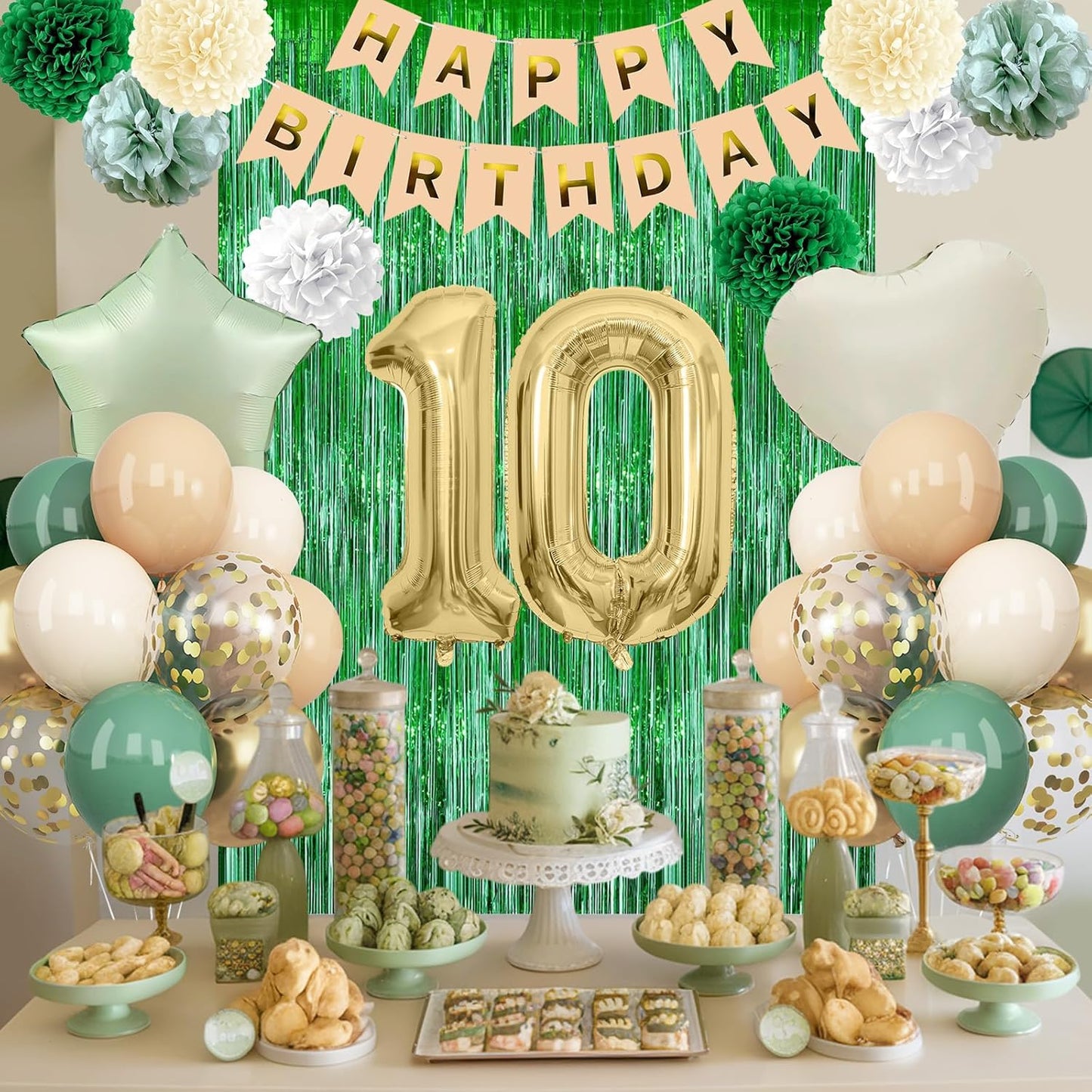 Sage Green 10th Birthday Decorations for Boys Girls Gold Number 10 Balloon Nude Gold Happy Birthday Banner Fringe Curtain Paper Pom Poms Olive Green Cream White Sand Star Foil Balloons Party Decor