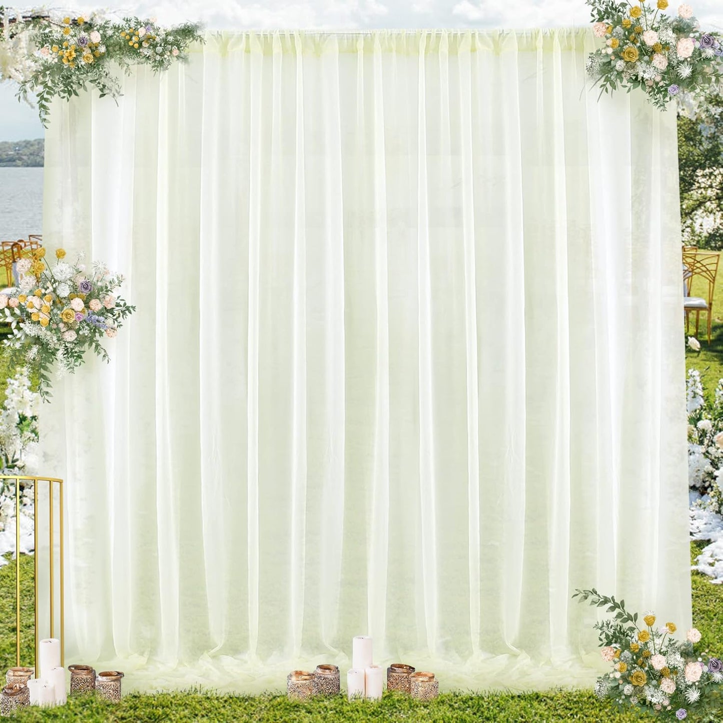 PARTISKY 10ftx7ft Ivory Chiffon Backdrop Curtains, Wrinkle-Free Sheer Fabric Photo Drapes for Wedding Ceremony Arch Birthday Baby Shower Photography Stage Decor 5ft x 7ft, 2 Panel