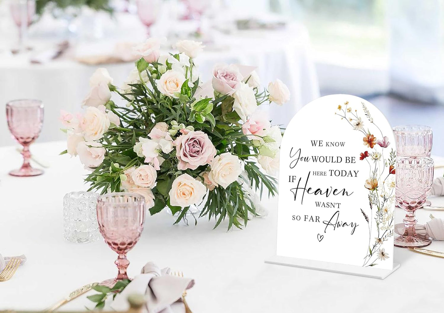 Boho Floral Wedding Memorial Sign, 6 x 8 Inch White Arch Acrylic Wedding Sign with Holder, Wedding Decoration, Wedding Supplies