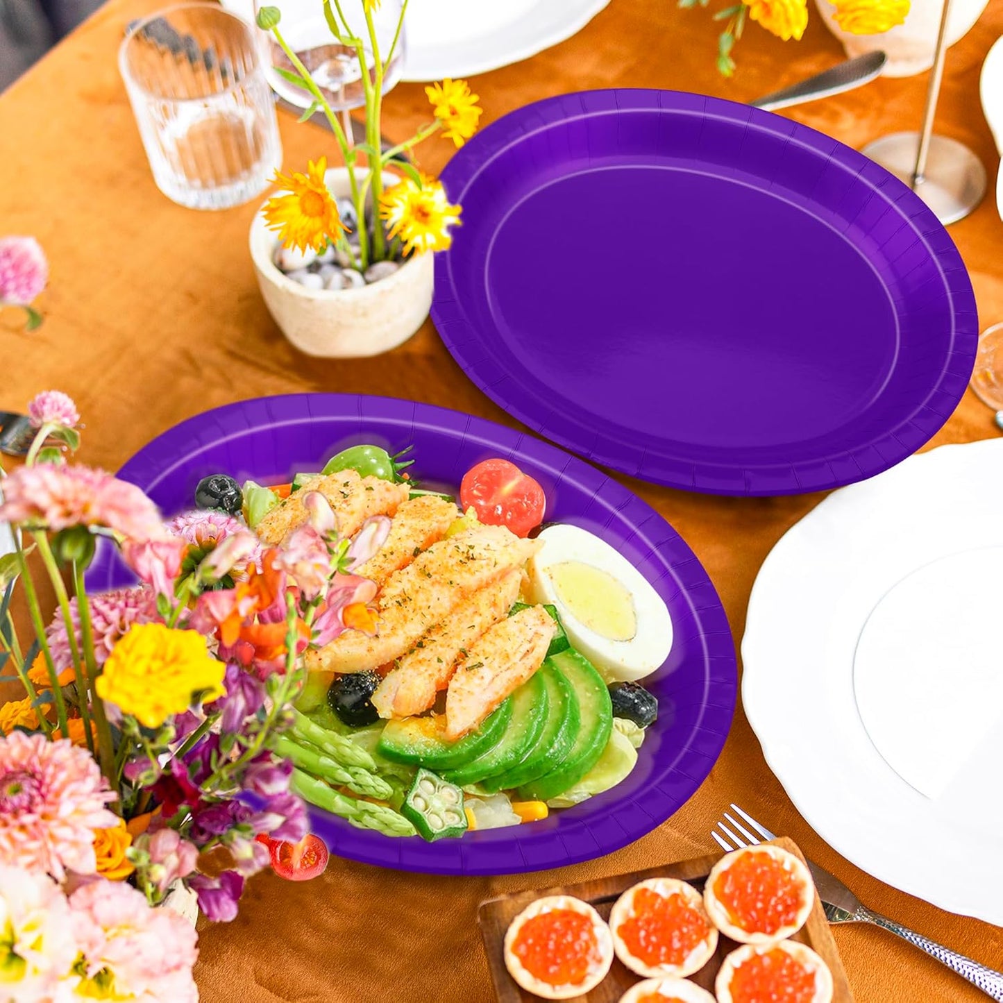 QZYL 50 Pcs Party Decorations, 12.2'' X 10.2'' Oval Large Plates, Purple Disposable Paper Plate Daily Dinner Tray Heavy Duty Paper Plates for Birthday Wedding Picnic Baby Shower Barbecue Holiday