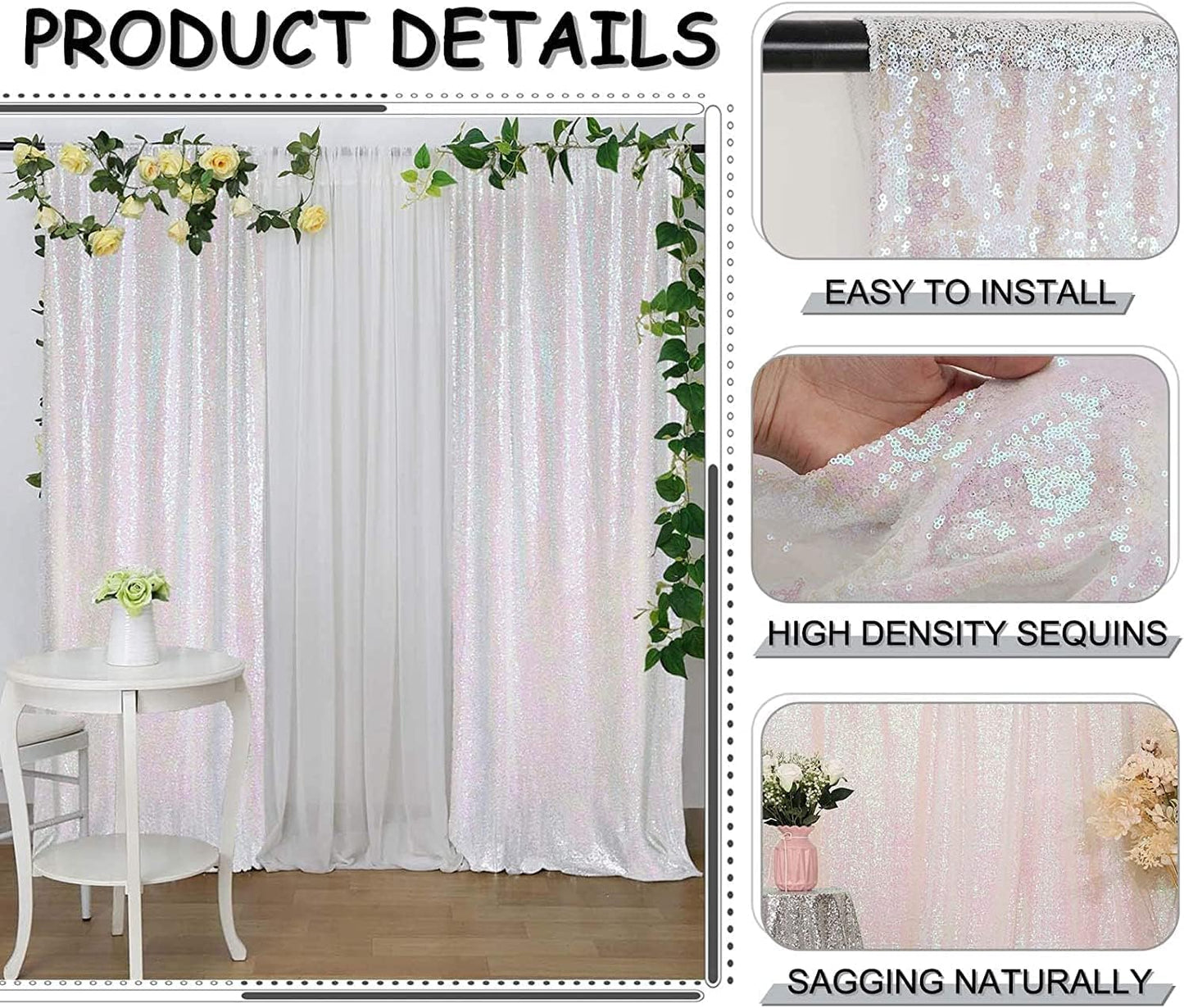 Iridescent White Sequin Backdrop Curtains 1 Panel 10FTx10FT Glitter Iridescent White Photo Backdrop Party Wedding Baby Shower Curtain Sparkle Photography Background