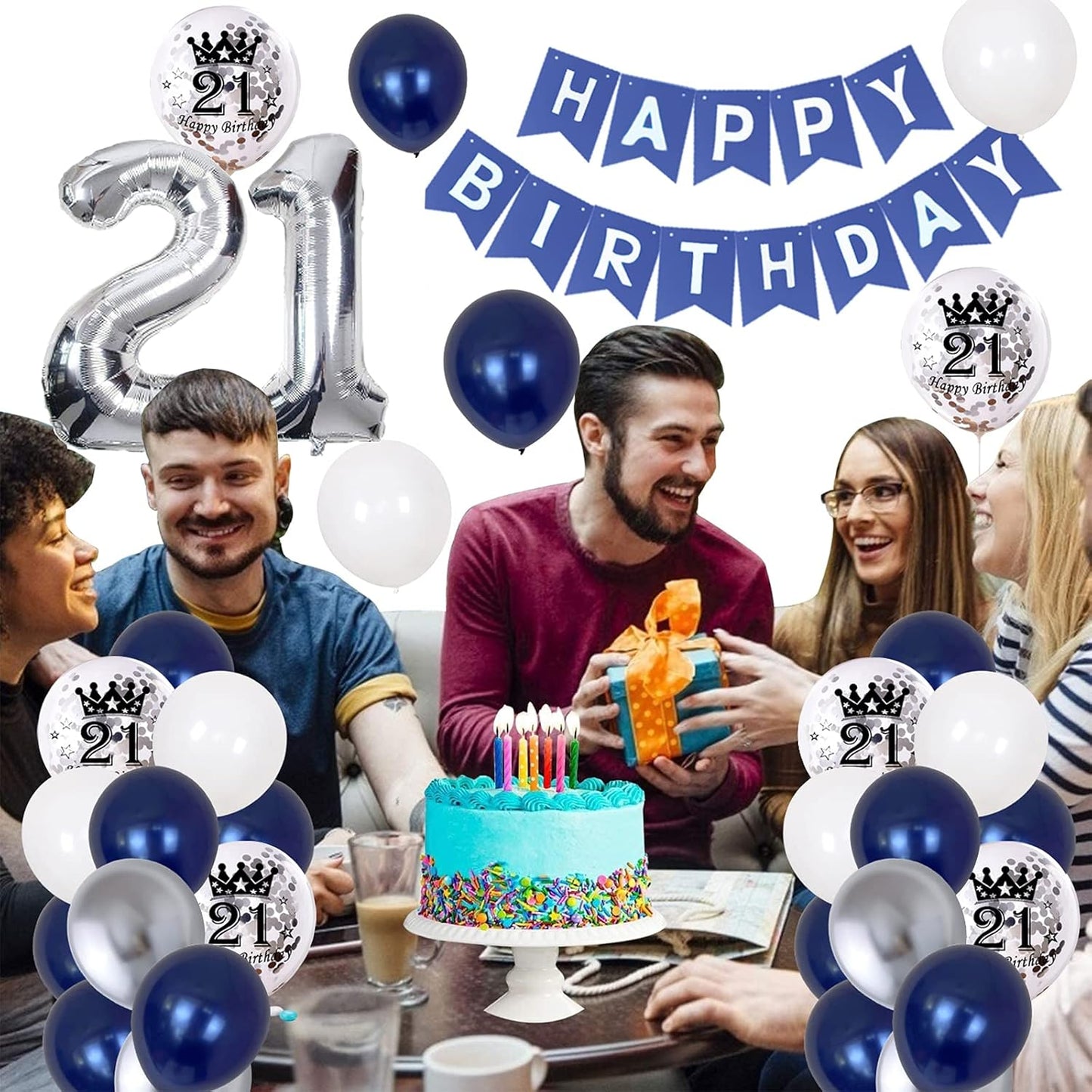 21st Birthday Decorations for Men - Happy Birthday Banner, Foil Number 21 Balloons, Silver Navy Blue Theme Party Supplies