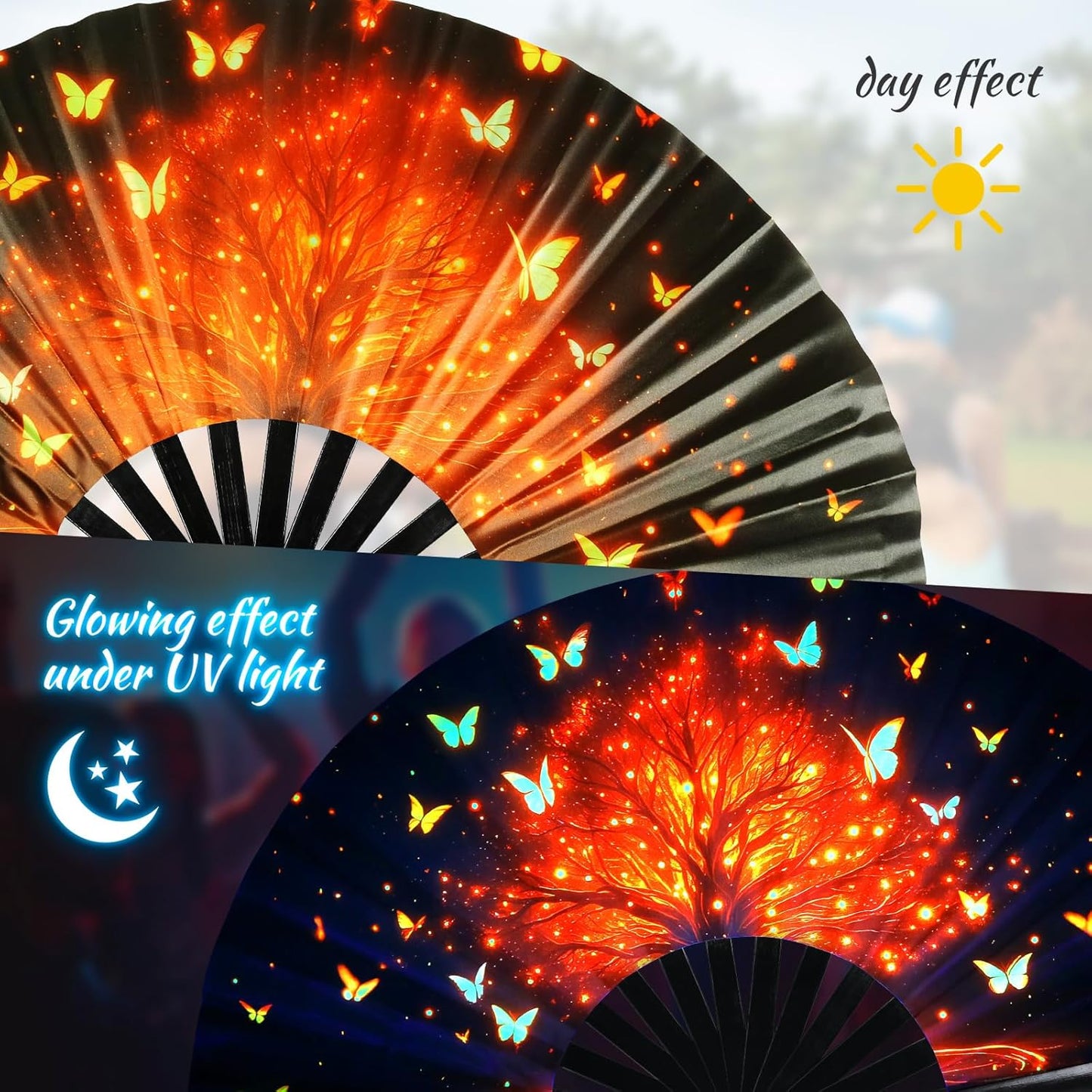 SYNTECSO Folding Hand Fan for Rave, Popping Fan for Line Dancing, Drag Queen, Women and Men Gift，Chinese Japanese UV Glow Clack Fan for Parties, Music Festivals, EDM and Decoration