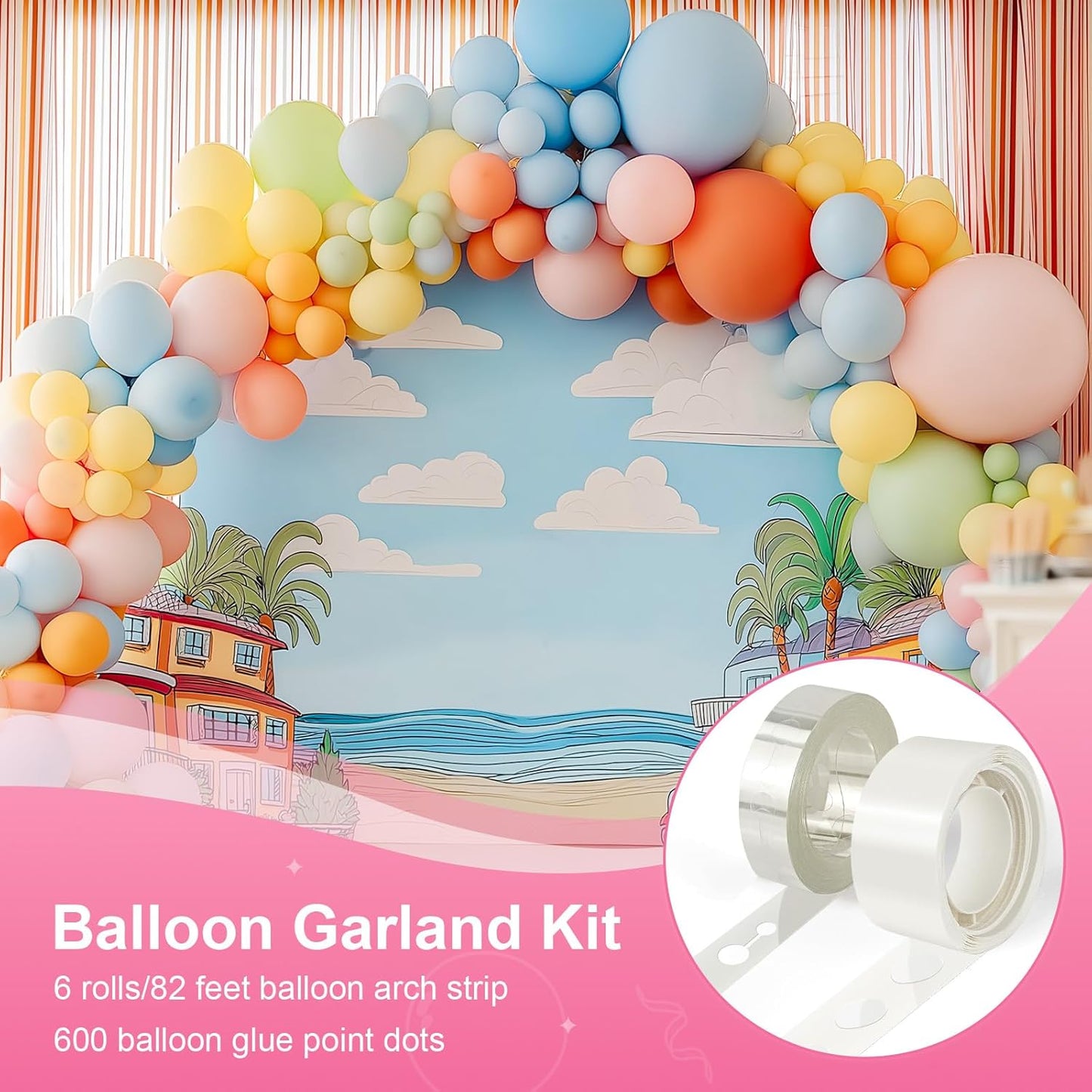 Bezente Balloon Arch Strip Kit, 98.4ft Balloon Tape Strips and 600pcs Glue Point Dot Stickers for Garland Wedding Birthday Baby Shower Party Decorations