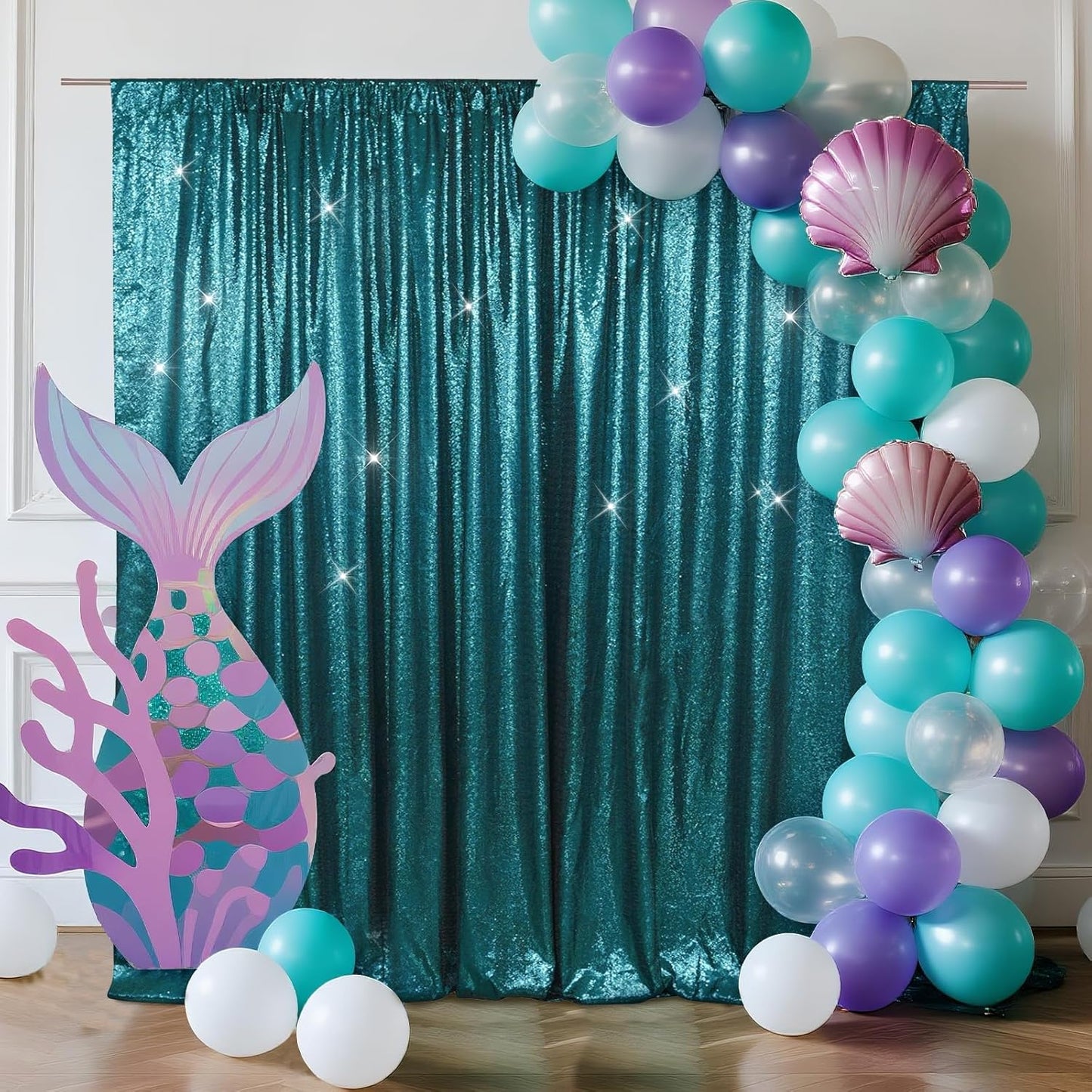 SquarePie Sequin Backdrop Less Transparent Background Sparkly Curtain for Wedding Party 8FT x 8FT Teal