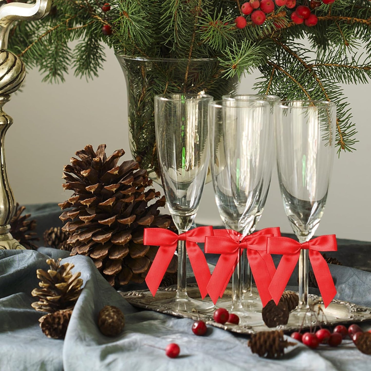 50Pcs Red Twist Tie Bows for Gift Wrapping 2.5" Satin Ribbon Bow for Treat Bags Cake Balloons Birthday Party Favors Wedding Decorations