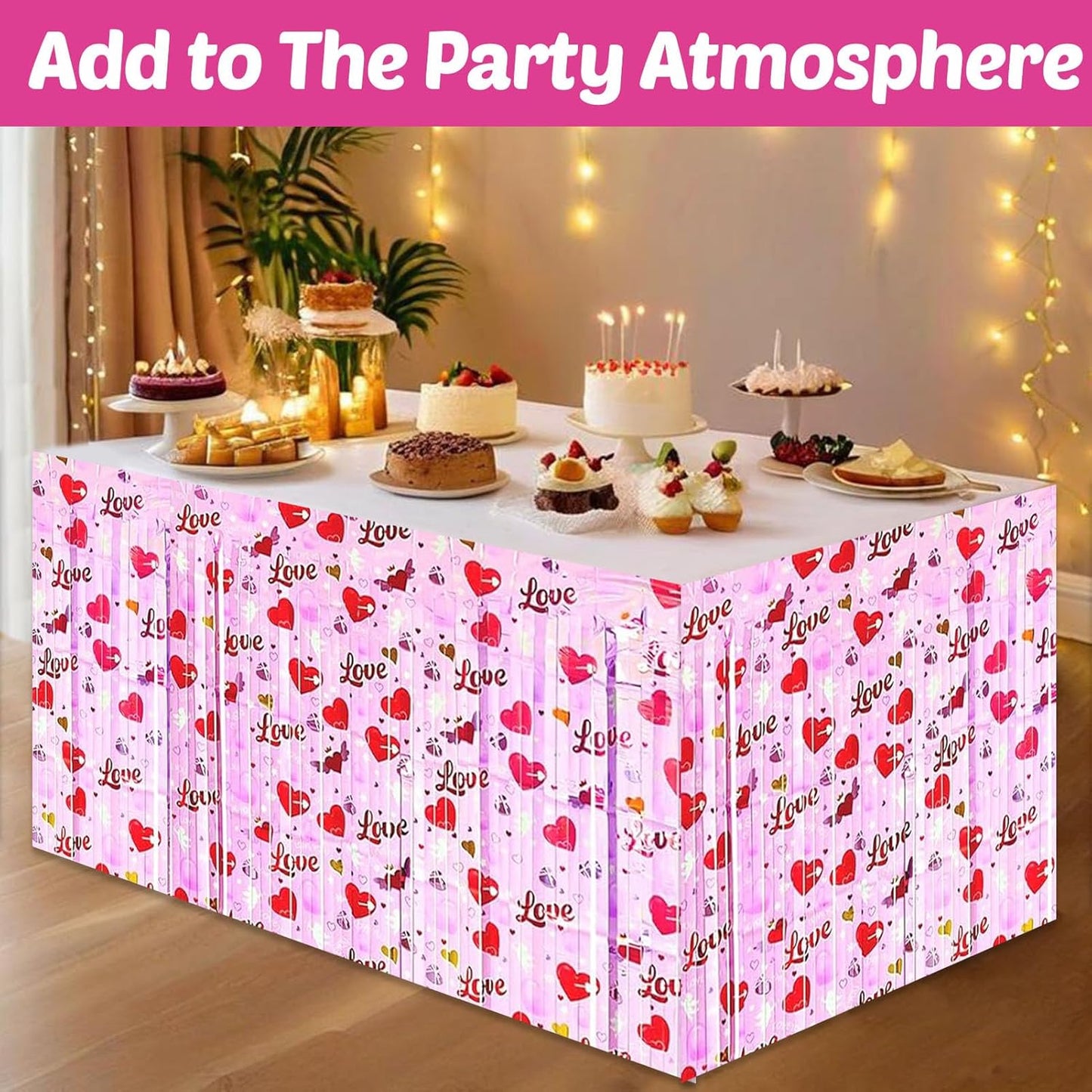 6 Pack 29x108 Inch Love Pink Wave Foil Fringe Table Skirts Metallic Banner for Tinsel Streamer Garland Backdrop for Parade Floats Wedding Mother's Day, Birthday Mardi Gras Party Decorations