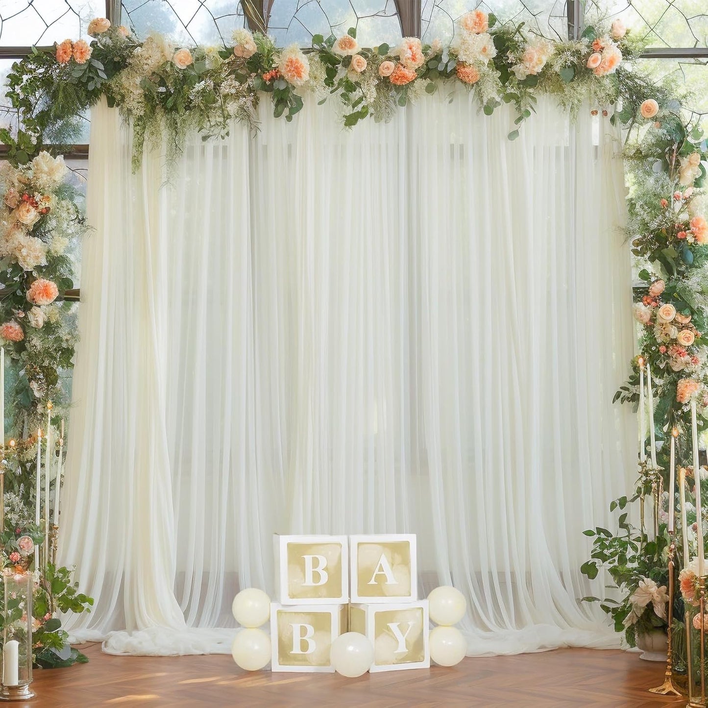 20x10 Ivory Tulle Backdrop Curtains for Parties, Sheer Backdrop Curtain Wedding Photo Background Drapes for Baby Shower Photography Birthday Party