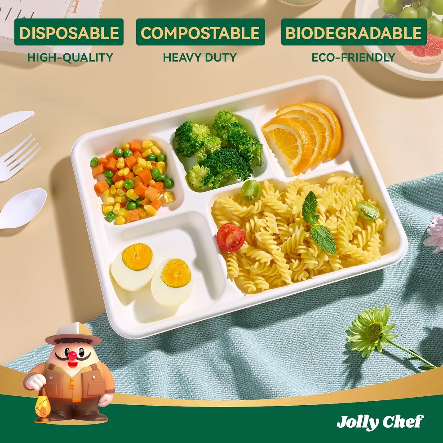 JOLLY CHEF Compostable 𝟱 Compartment Paper Plates 𝟭𝟭 * 𝟴 𝗶𝗻𝗰𝗵 [𝟭𝟬𝟬 𝗣𝗮𝗰𝗸] Heavy Duty White Divided Disposable Plate Eco-Friendly Biodegradable Containers Food Tray for Party Lunch Buffet