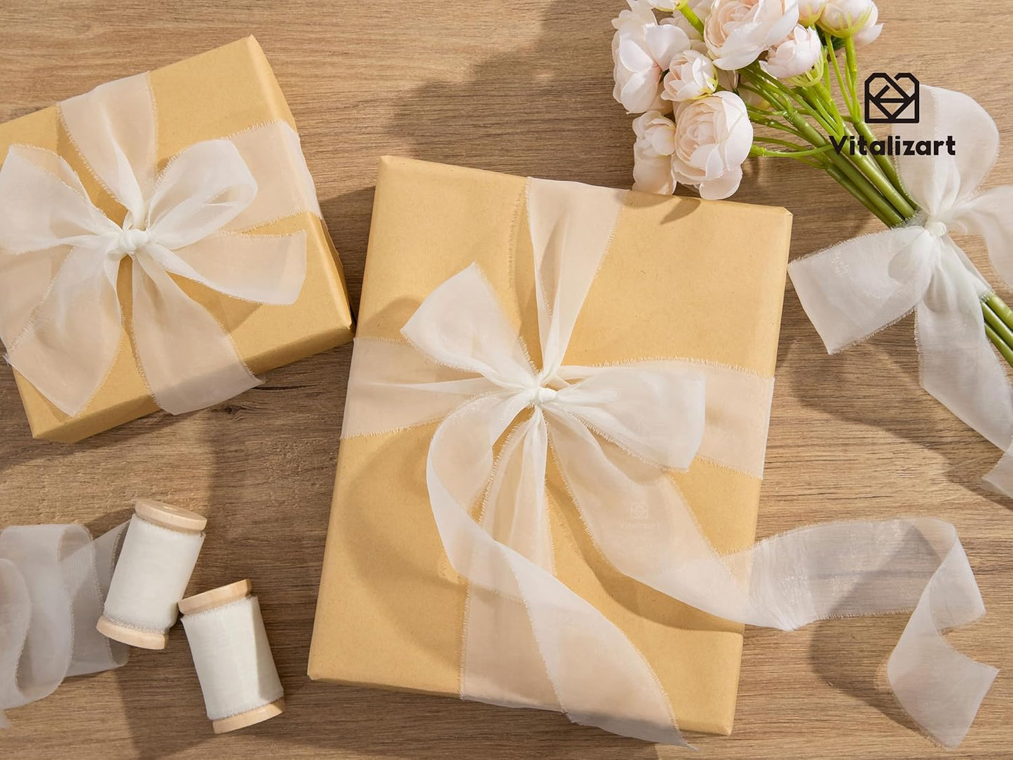 Vitalizart White Organza Ribbon Frayed Sheer Organza 1.5" Silk Like Ribbons for Gift Wrapping Craft Flower Bouquet Wedding Invitations Mesh Fabric Off White Ivory 15 Yards