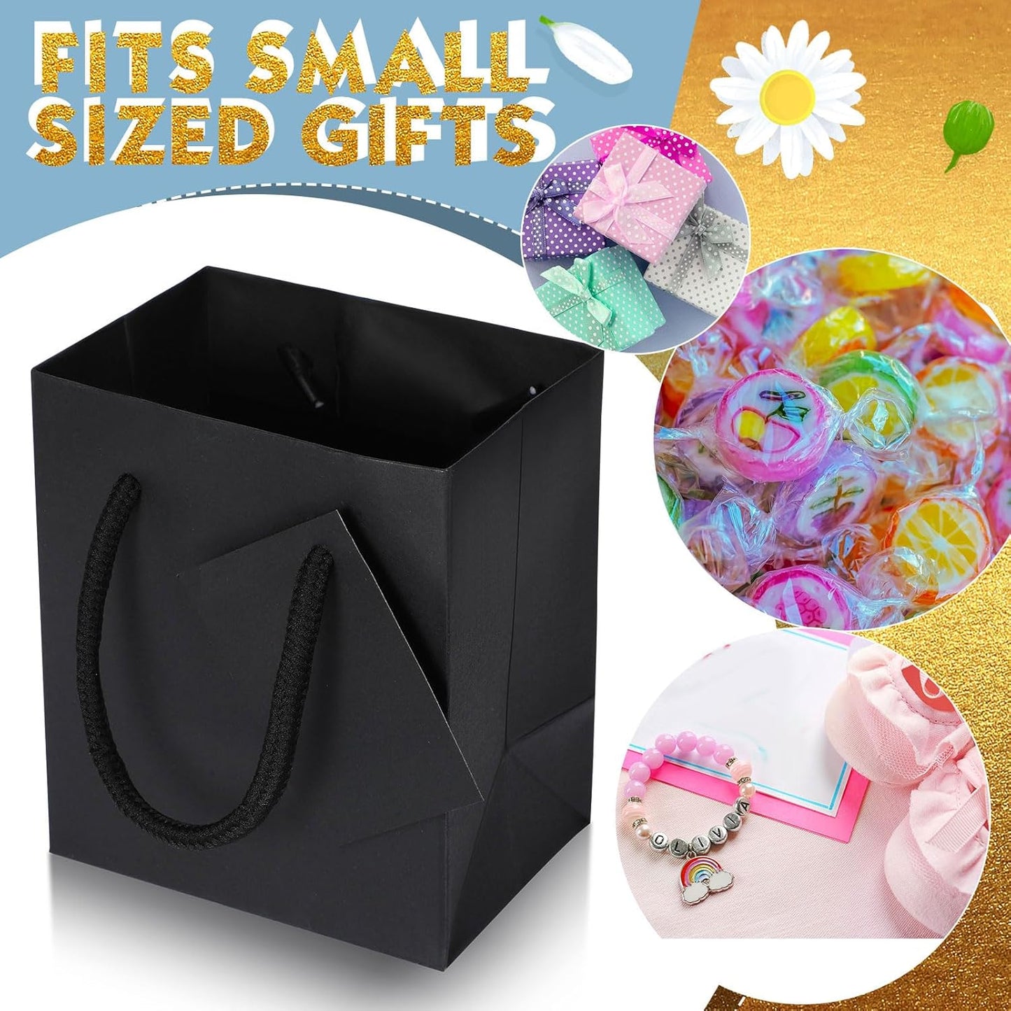 Sherr 100 Pack Mini Gift Bags Bulk, 4 x 2.75 x 4.5 Inches Paper Bags with Tags, Extra Small Paper Gift Boxes with Handles for Birthday, Party Favors, Weddings, Small Business(Black)