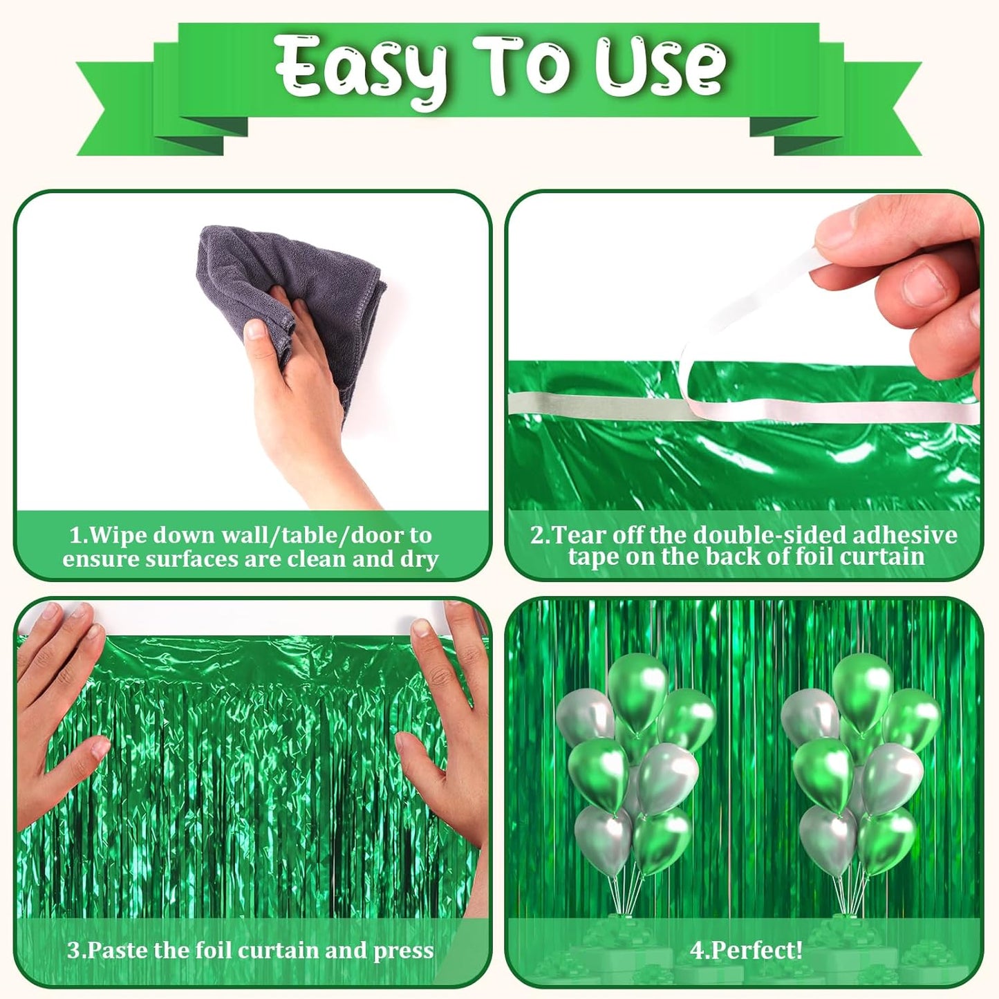 3 Pack 3.3 x 6.6 ft Green Foil Fringe Backdrop Curtains, Tinsel Streamers Party Decorations, Fringe Backdrop for Birthday, Dinosaur, St Patrick's Day, Soccer, Christmas