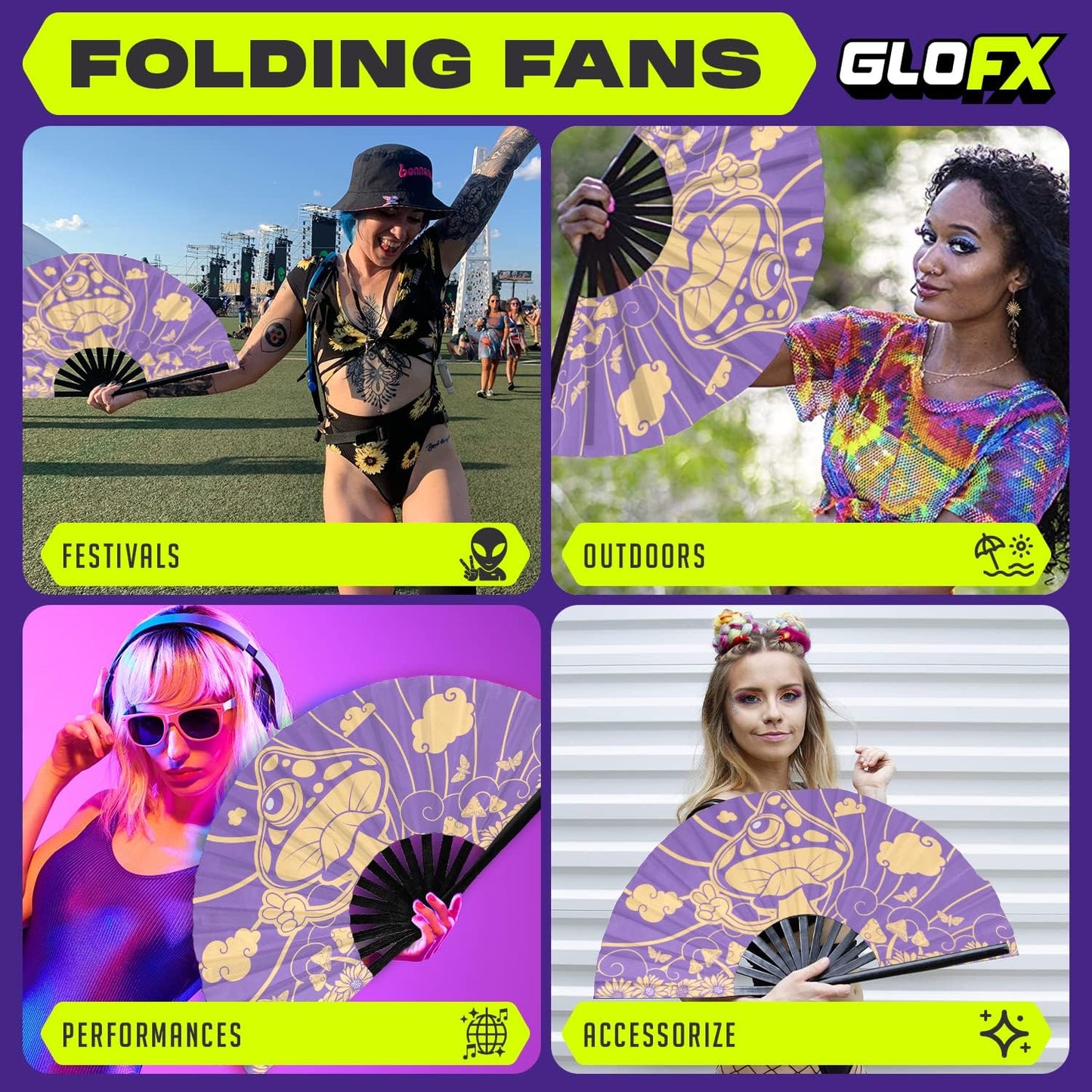 GloFX Rave Fan - Groovy Mushroom - Large Folding Fan - Music Festival Essential, EDM Rave Accessories, Folding Hand Fan, Clack Fan