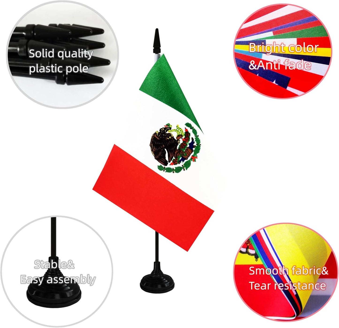 Mexico Desk Flag, 12 Pack Mexican Table Office Flag with Black Solid Pole and Stand Base, International Country Flag, Festival Celebration, Classroom Meeting Desktop Decor (Mexico)