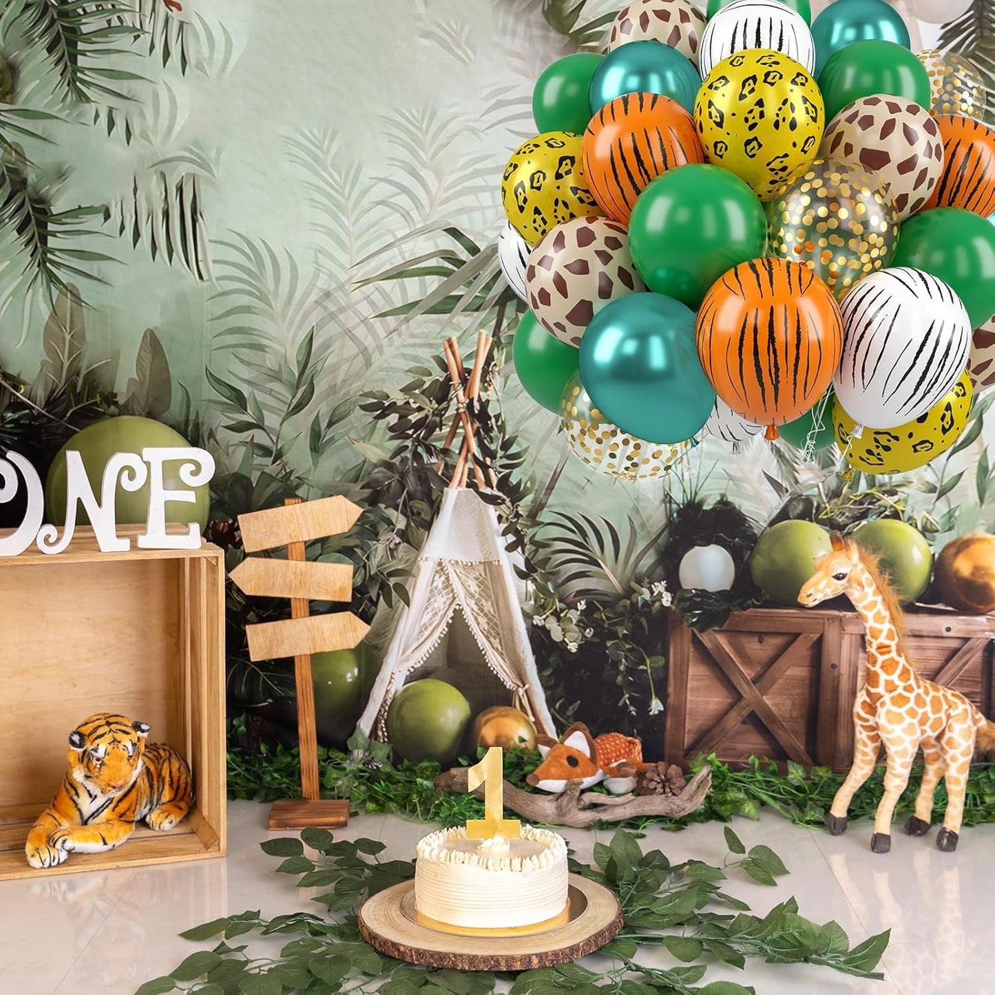 Jungle Safari Balloons, 50 Pcs Animal Print Balloons, 12 Inch Dark Metallic Green Gold Confetti Deer Paw Print Tiger Zebra Leopard Balloons for Birthday Baby Shower Jungle Safari Party Decorations