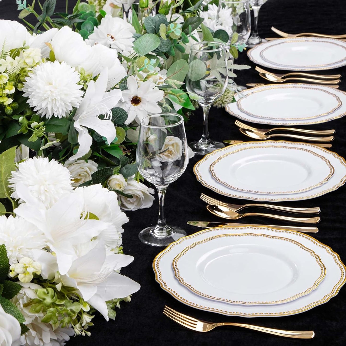 Hioasis 60pcs Gold Plastic Plates - White and Gold Disposable Dinnerware with Gold Rim, Heavy-duty, 10.25 inch, Dinner Plates for Party & Wedding