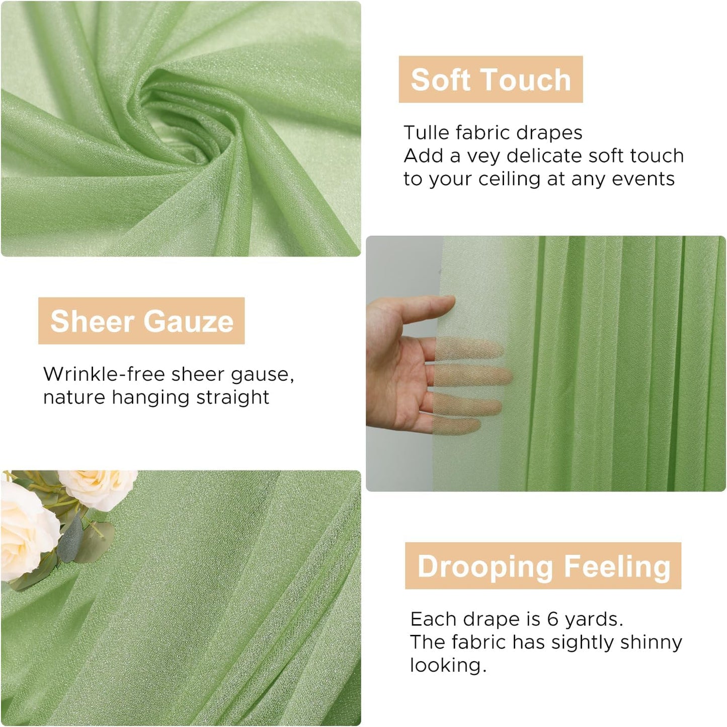 Wokceer Wedding Arch Draping 28.7" x 20FT Sage Green Sheer Fabric Backdrop for Ceremony, Birthday Party, Bridal Shower Decoration
