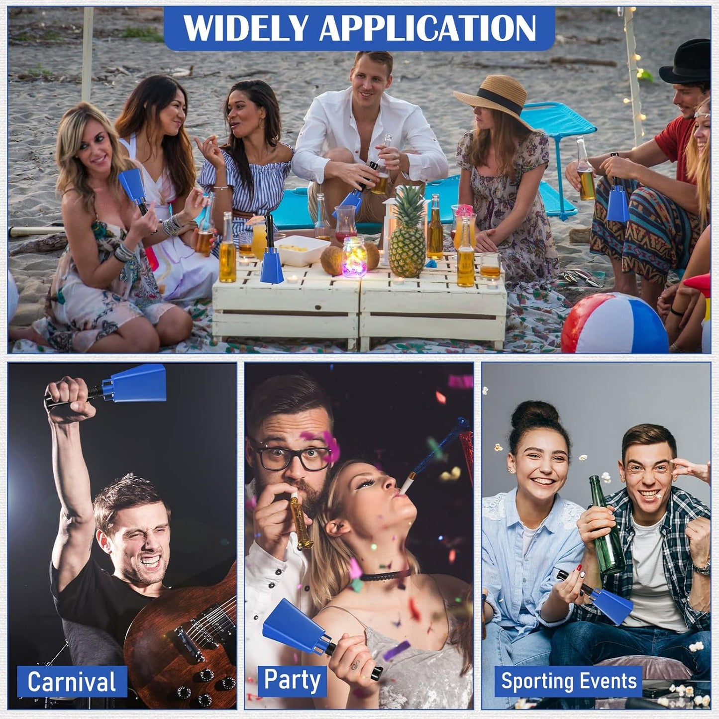 Pelopy 12 Pcs Large Cow Bell 9 '' Cowbell with Handle Cowbells for Sporting Events Hand Percussion Cheering Bell Chimes for Football Game, Alarm Loud Noise Makers, Musical Instrument(Blue)