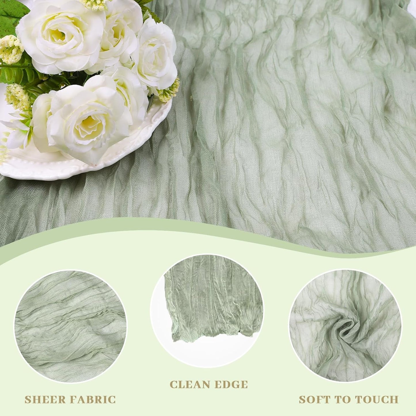 Le courant 6pcs 10Ft Cheesecloth Table Runner, Rustic Boho Gauze Cheese Cloth Runner Table Runner for Weddings Bridal Baby Shower Birthday Holiday Parties Home Decor, Sage Green