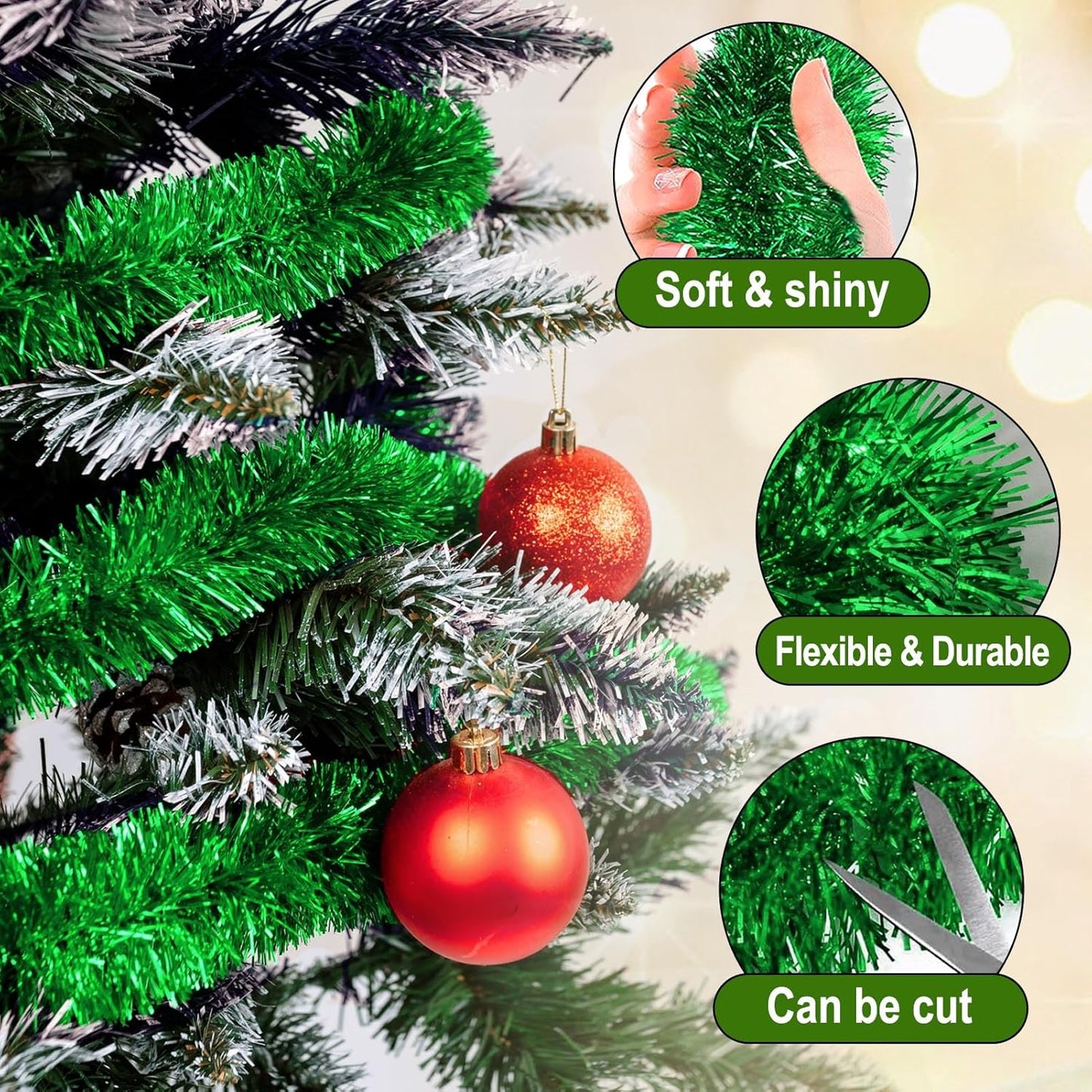 25 Feet Green Christmas Tinsel Garland, Metallic Foil Twist Garland Wall Hanging Tinsel Banner Backdrop for Parade Floats, Easter, Mother's Day, Birthday Party Decorations (4in x 25ft)