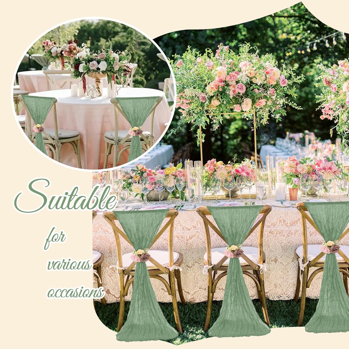 36 Pcs Sage Green Cheesecloth Chair Sashes, 16 x 108 inch Gauze Fabric Washable Chair Sashes Bows Designed for Aisle Decorations Universal Chair Cover Decor for Wedding Reception Party Banquet