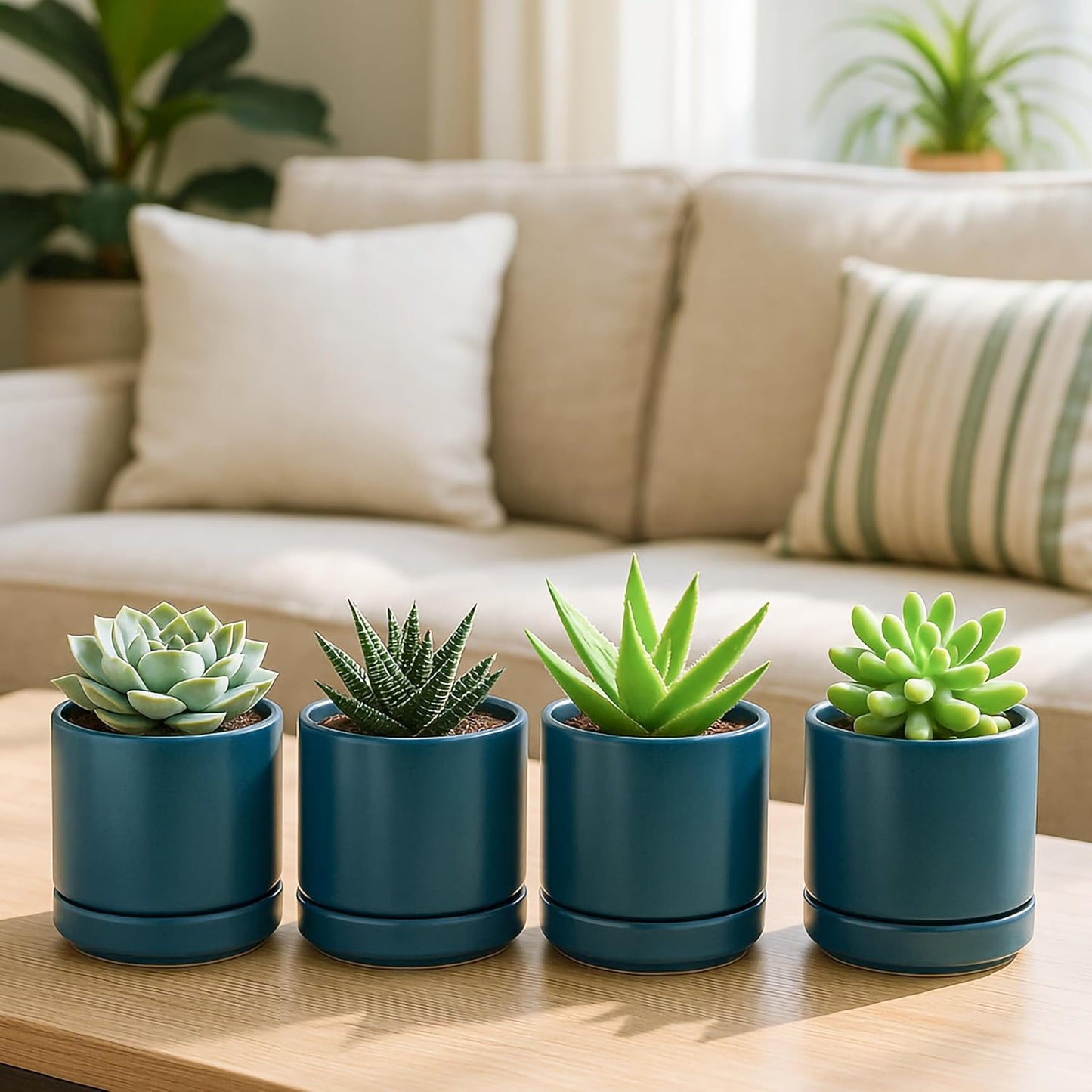 D'vine Dev Set of 4 Small Ceramic Plant Pots, 4.7 Inch Succulent Planter Pot for Plants with Drainage Hole and Saucer, Teal, 94-X-B-9