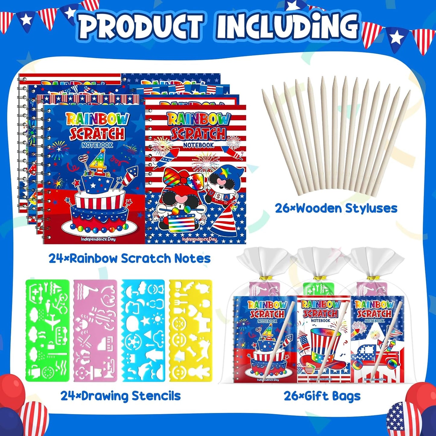 Party Favors for Kids: 24 Pack 4th of July Rainbow Scratch Art Notebook Classroom Supplies Bulk for Girls Boys Goodie Bags Stuffers, Independence Day Party Gift Kid Crafts