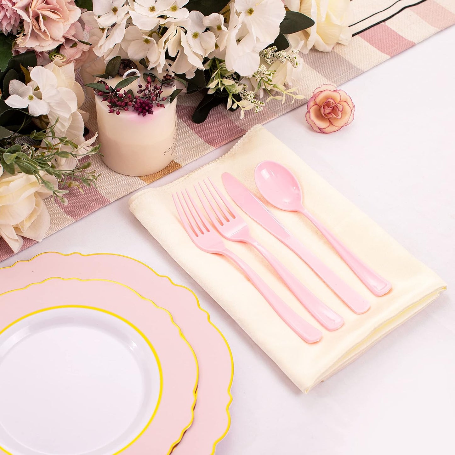 WDF 160 Piece Pink Plastic Silverware - Heavy Duty Pink Silverware Includes 80 Forks, 40 Spoons, 40 Knives, Plastic Utensils Perfect for Wedding, Party