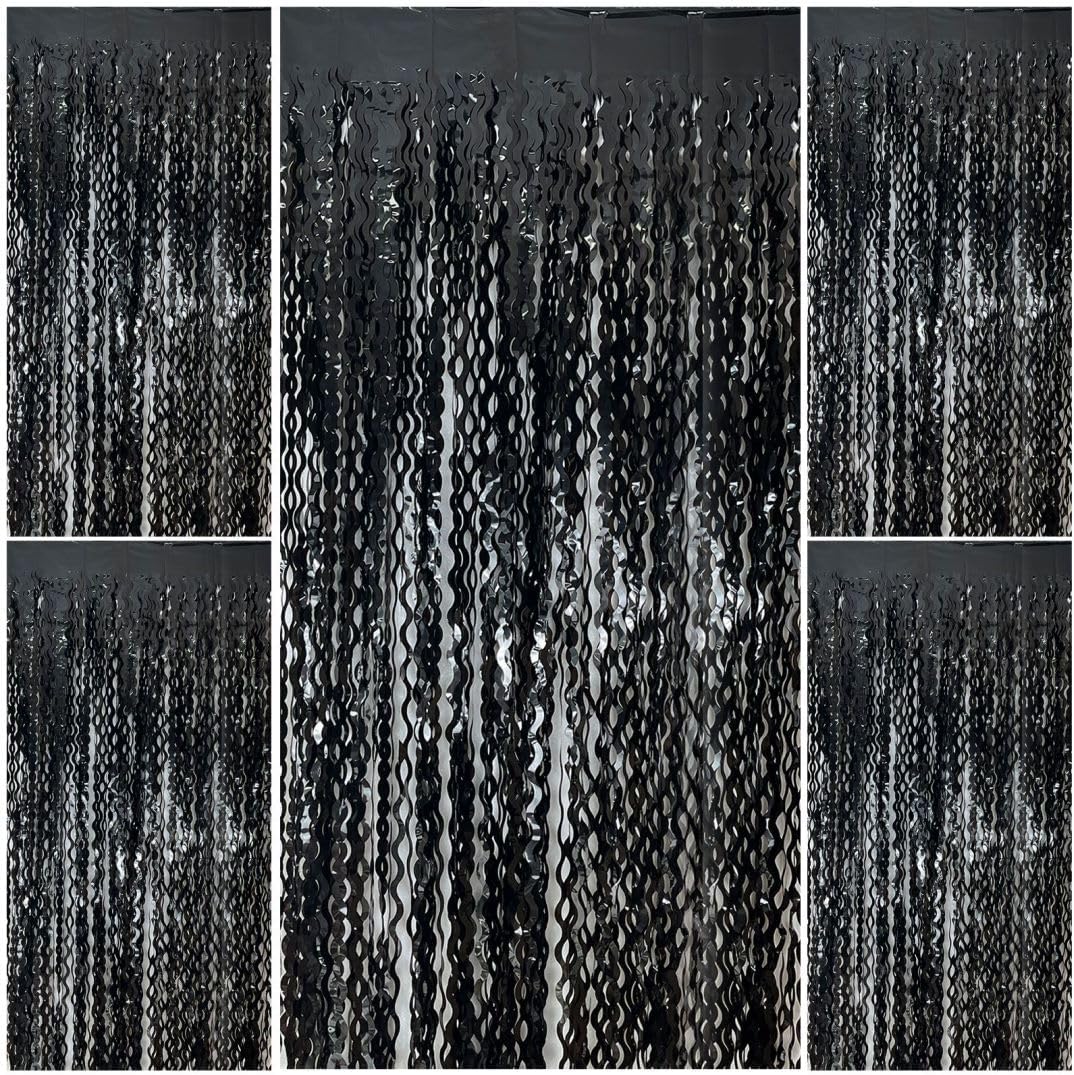 Black Fringe Curtain Party Streamers 5Pcs Foil Fringe Backdrop Curtains Wave Tinsel Streamers Black Party Decorations Door Streamers for Birthday Wedding Bridal Shower Halloween Decor