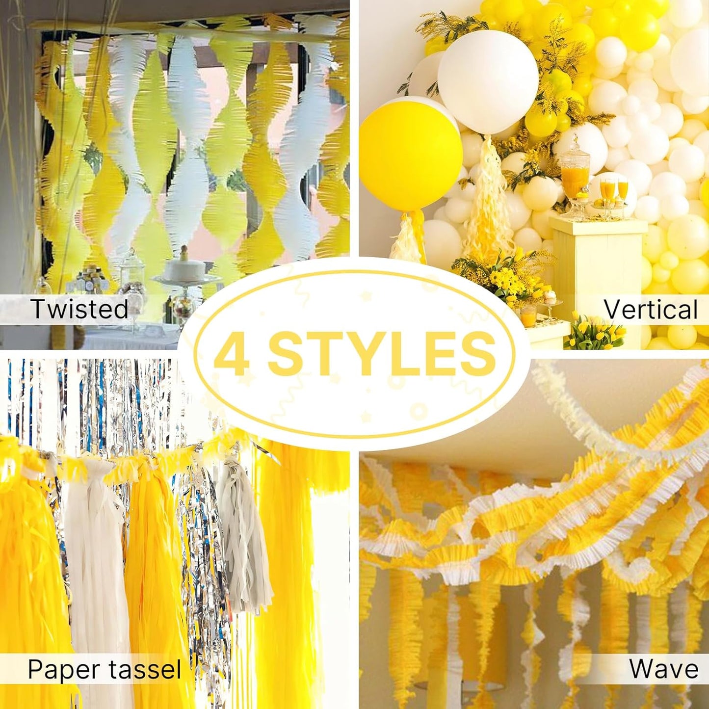 PartyWoo Crepe Paper Streamers 4 Rolls 328ft, Pack of Yellow Crepe Paper for Party, Wedding, Birthday, Baby Shower Decorations (1.8 Inch x 82 Ft/Roll)