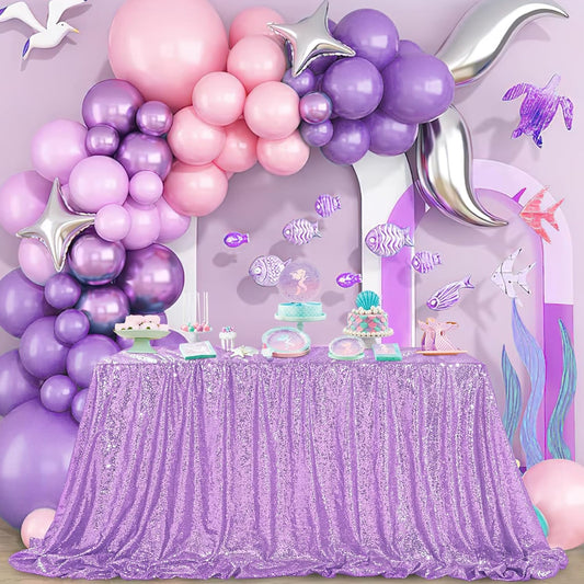 QueenDream Sparkly Sequin Tablecloth - Light Purple Table Cloth 50x80 Inches Rectangle Table Overlay Fabric for Birthday Parties Baby Shower Decoration